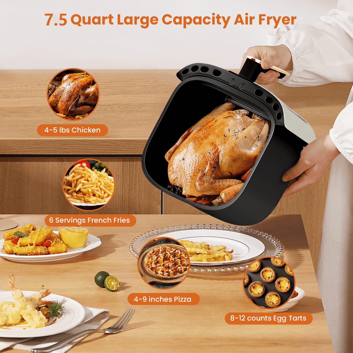 Garly Kitchen Air Fryer Large 7.5-Qt, 8-in-1 Digital Touchscreen, View Window, 1700W, Cream White