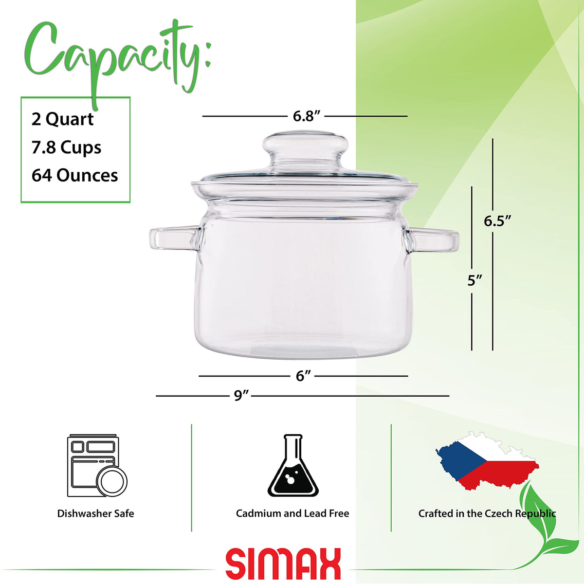 Garly Kitchen Simax Glassware 2-Qt Glass Pot With Lid, Heat Resistant Handles