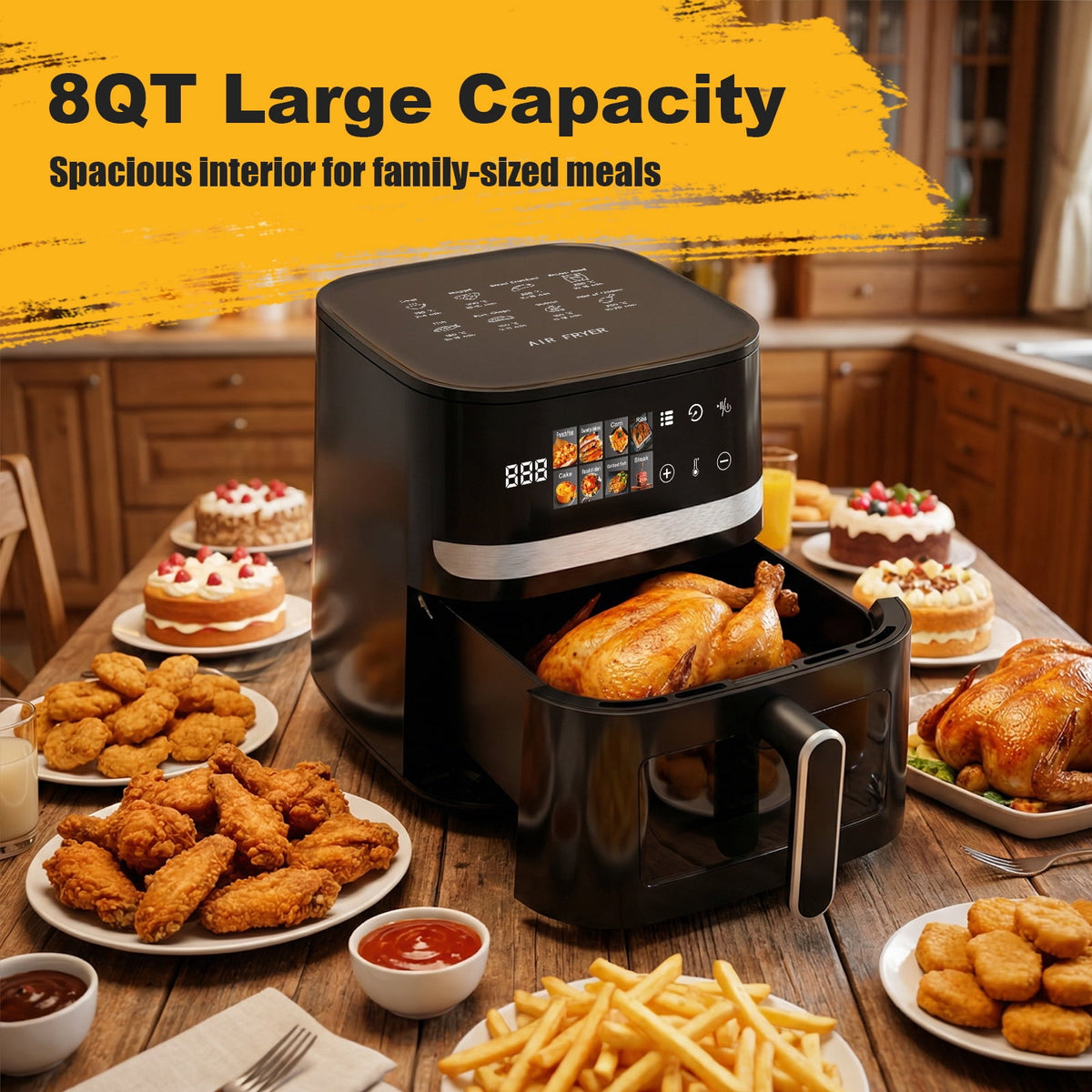 Garly Kitchen 8-Qt Air Fryer, 8-in-1 Presets Electric Hot Oven with Digital LED Touchscreen