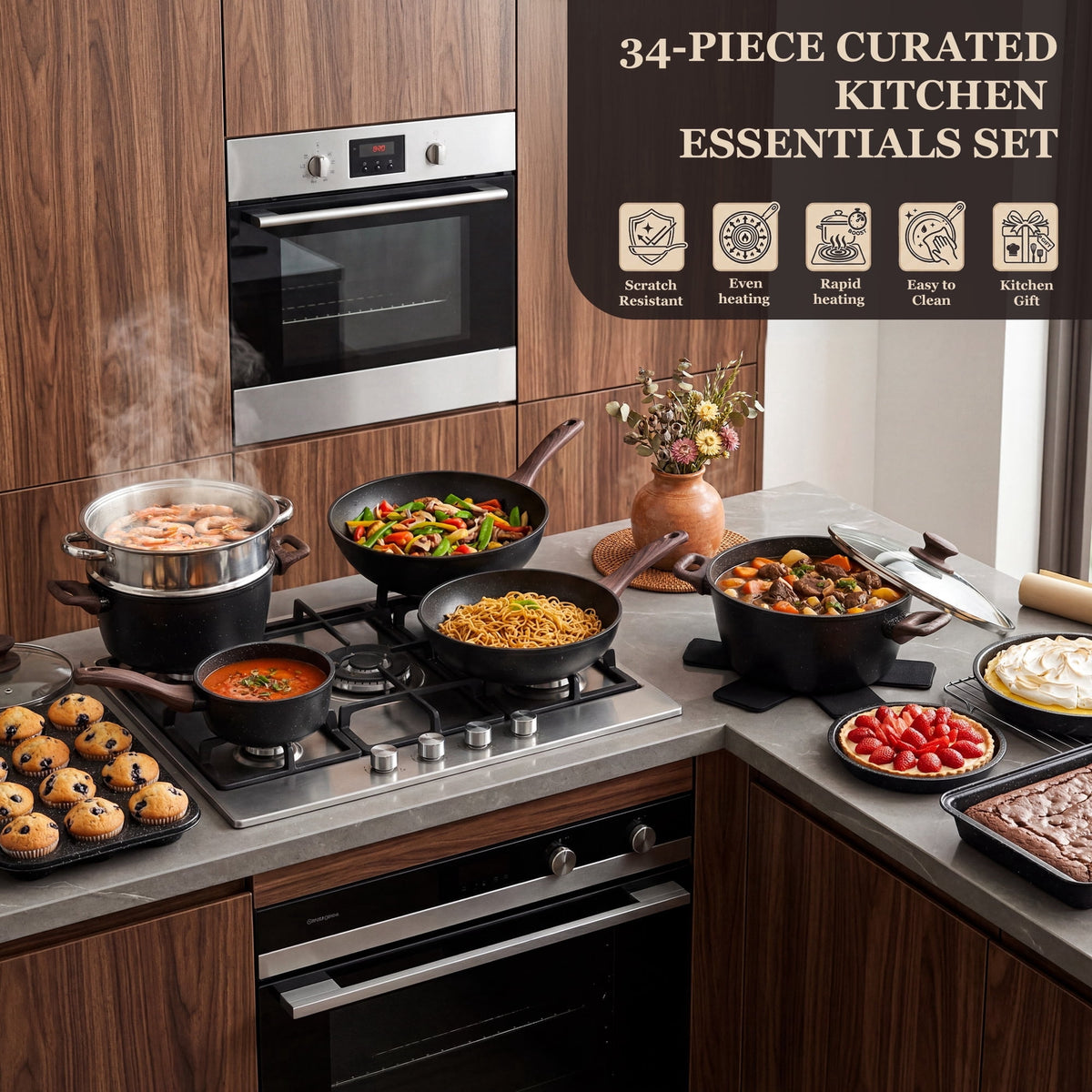 Garly Kitchen Kikcoin 34-Piece Pots and Pans Set, Dishwasher-Safe Non Stick Pots and Pans