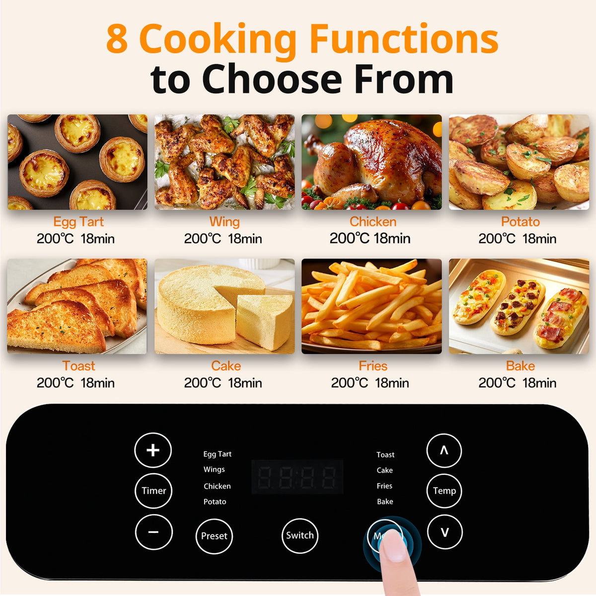 Garly Kitchen 10-Qt Air Fryer Oven, 8 Preset Functions, LED Smart Touch Display, Oil-Less Cooking