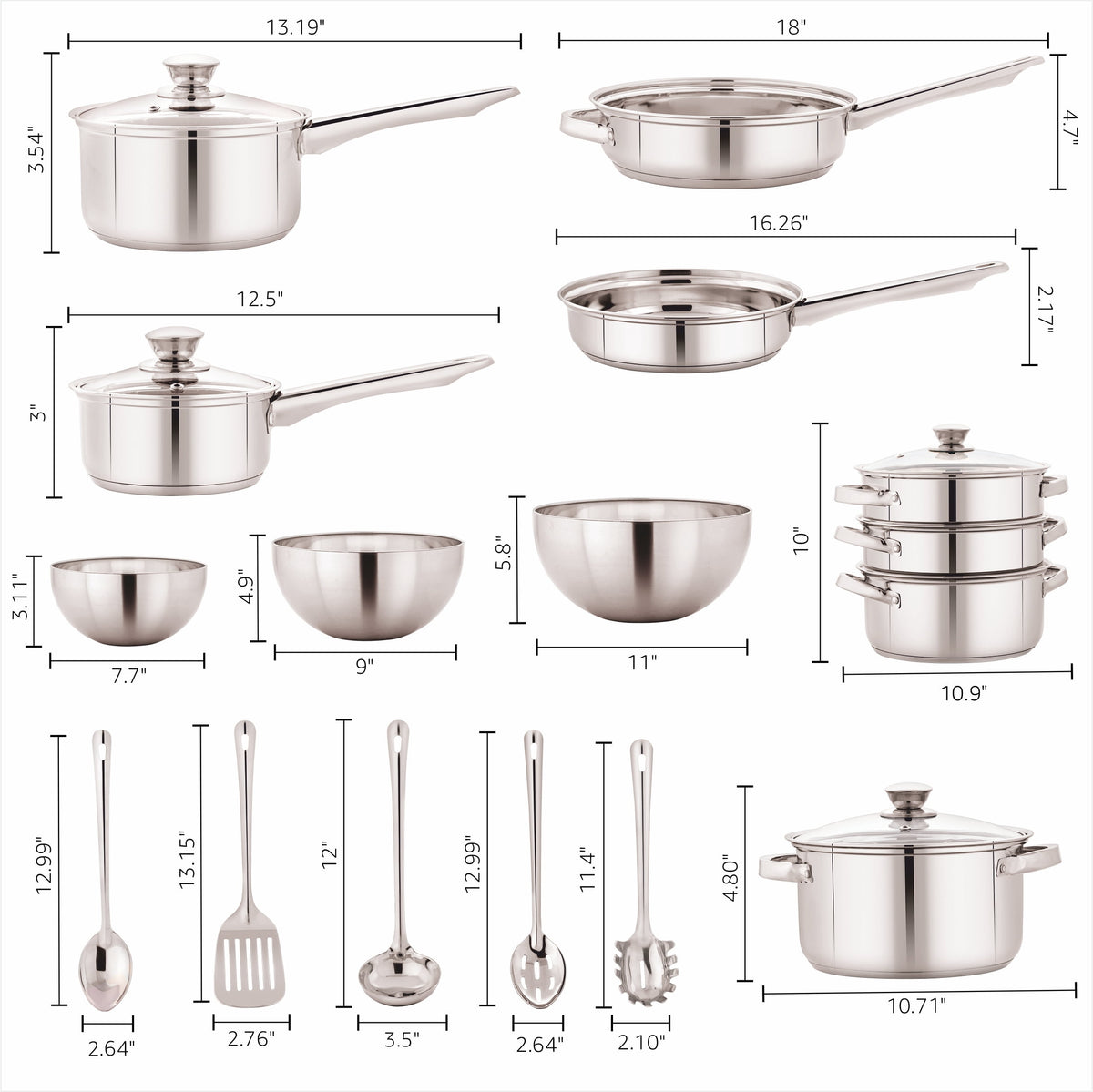 Garly Kitchen 20-Piece Stainless Steel Cookware Set with Glass Lids, Steamer