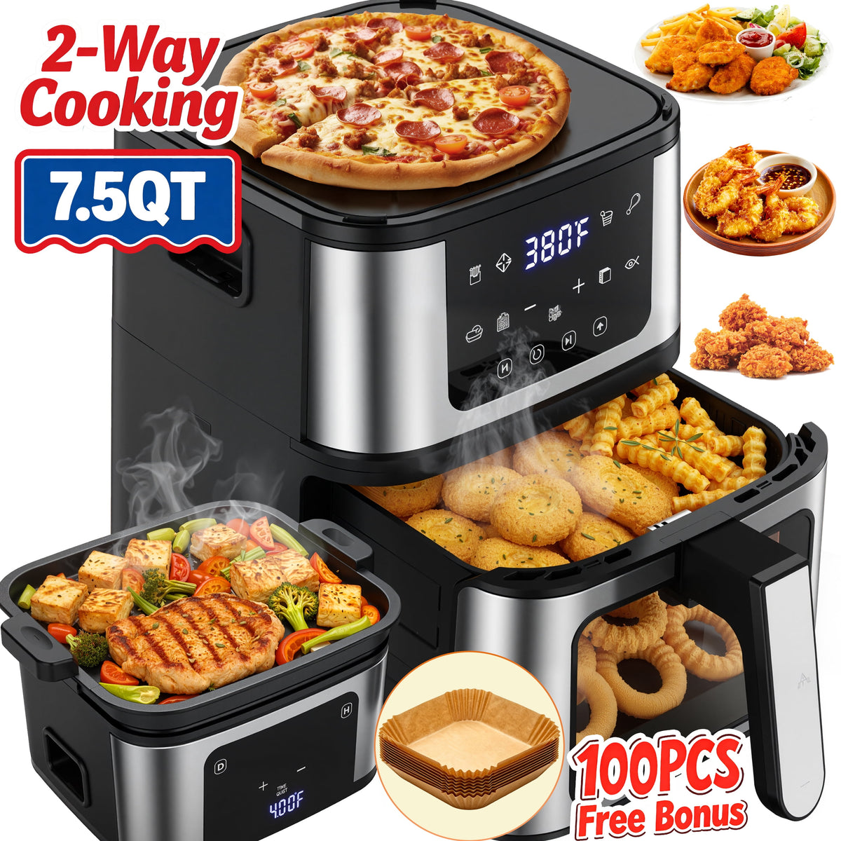 Garly Kitchen 7.5-Qt 10-in-1 Air Fryer Oven with Grill Plate, LCD Digital Control, View Window