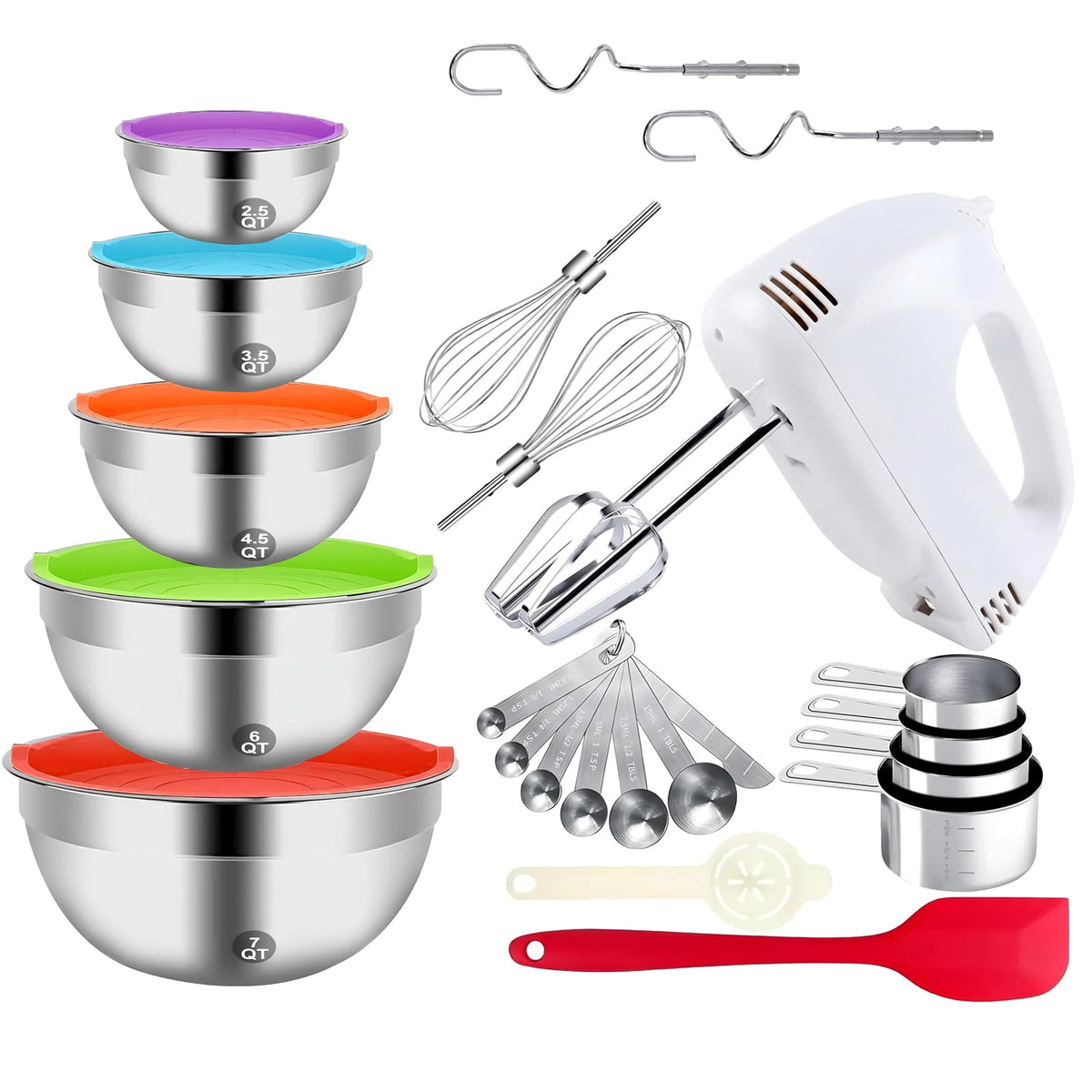 Garly Kitchen 7-Speed Electric Hand Mixer, 5 Large Mixing Bowls Set