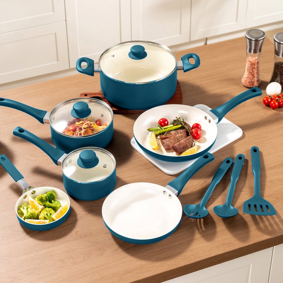 Garly Kitchen 12 Piece Ceramic Nonstick Aluminum Cookware Set, Corsair Blue