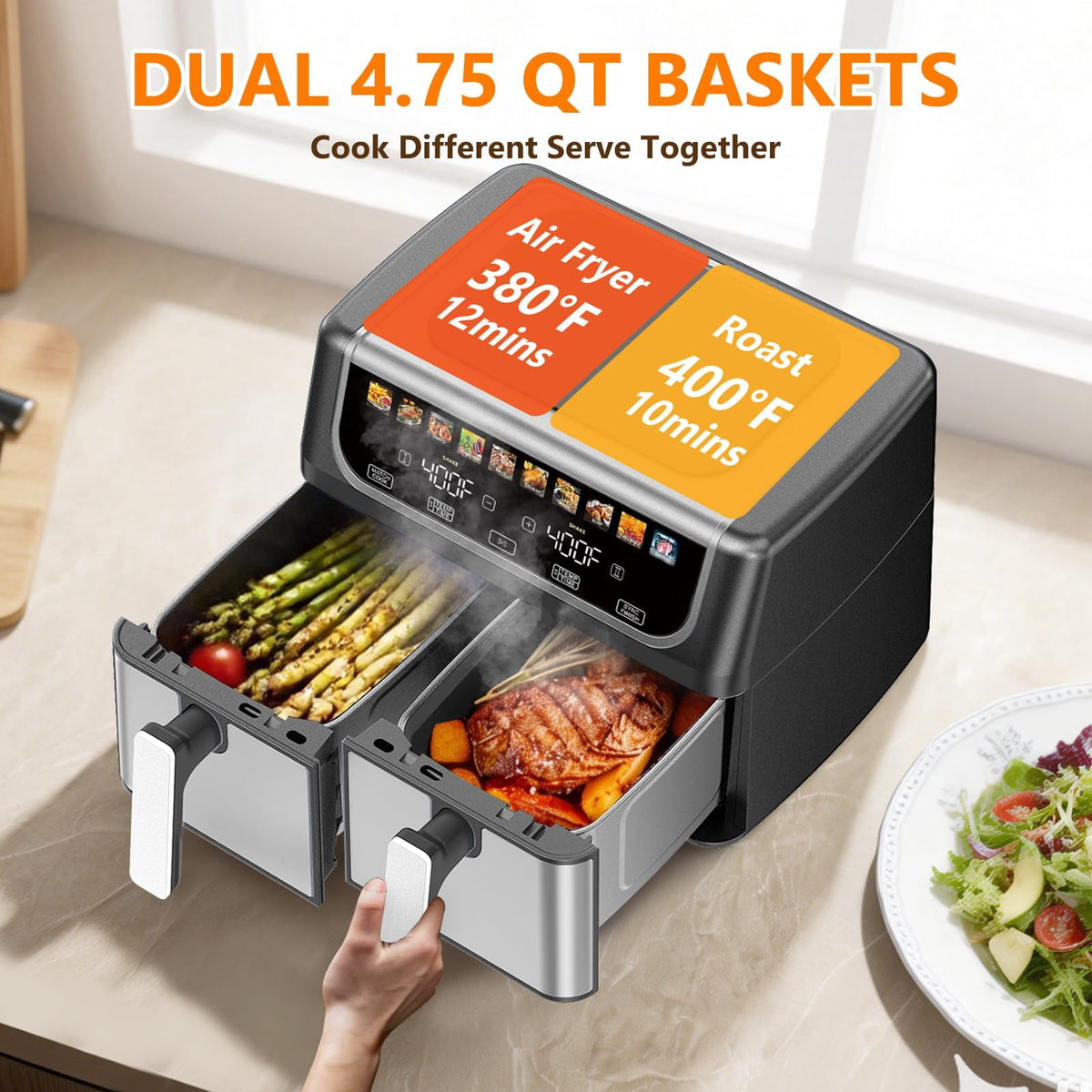Garly Kitchen 9-Qt Dual Basket Air Fryer, LED Display, SYNC Match Cook, Dual Controls, 1700W