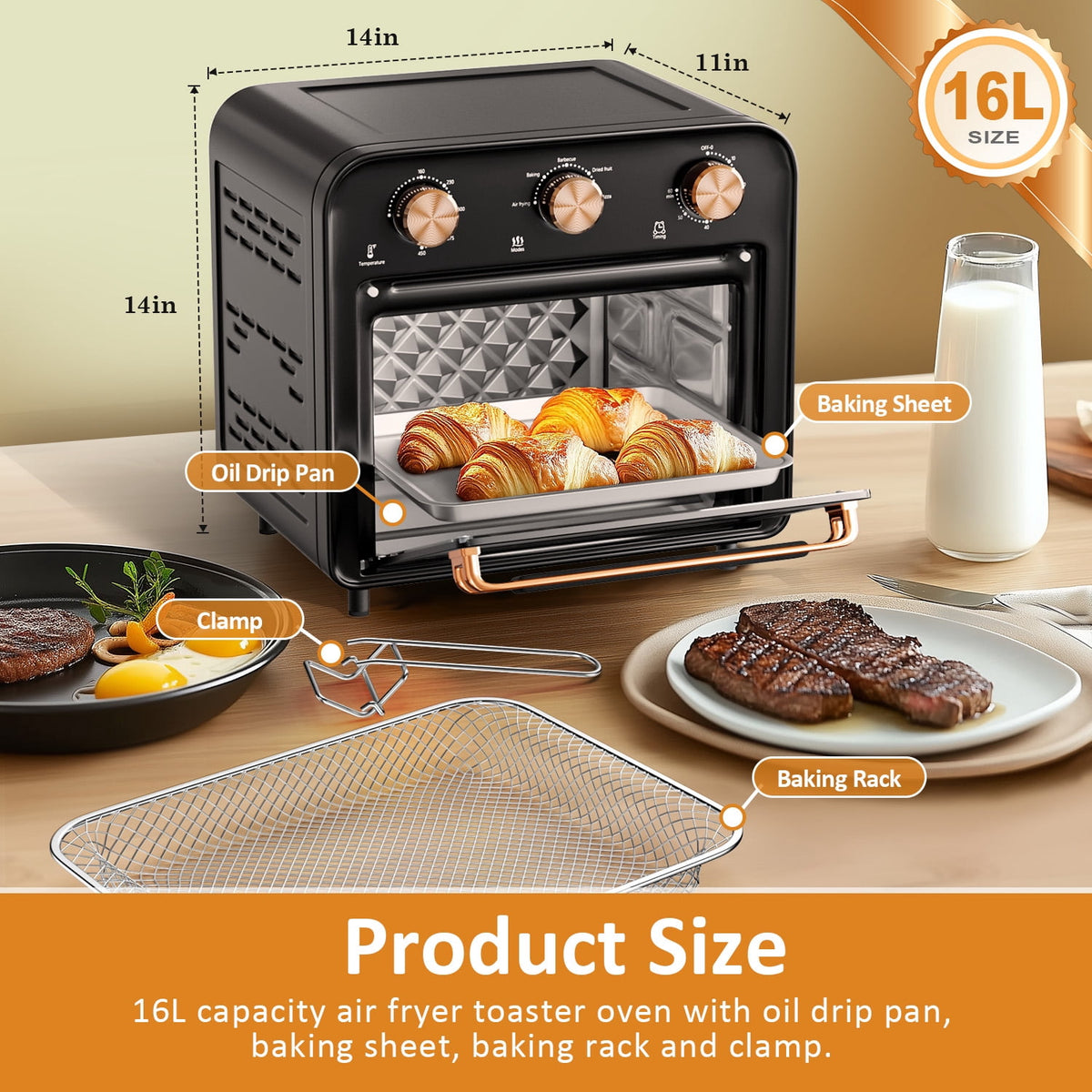 Garly Kitchen 5-in-1 Air Fryer Toaster Oven Countertop, 1300W 17-Qt, 4-Slice Convection Ovens Combo