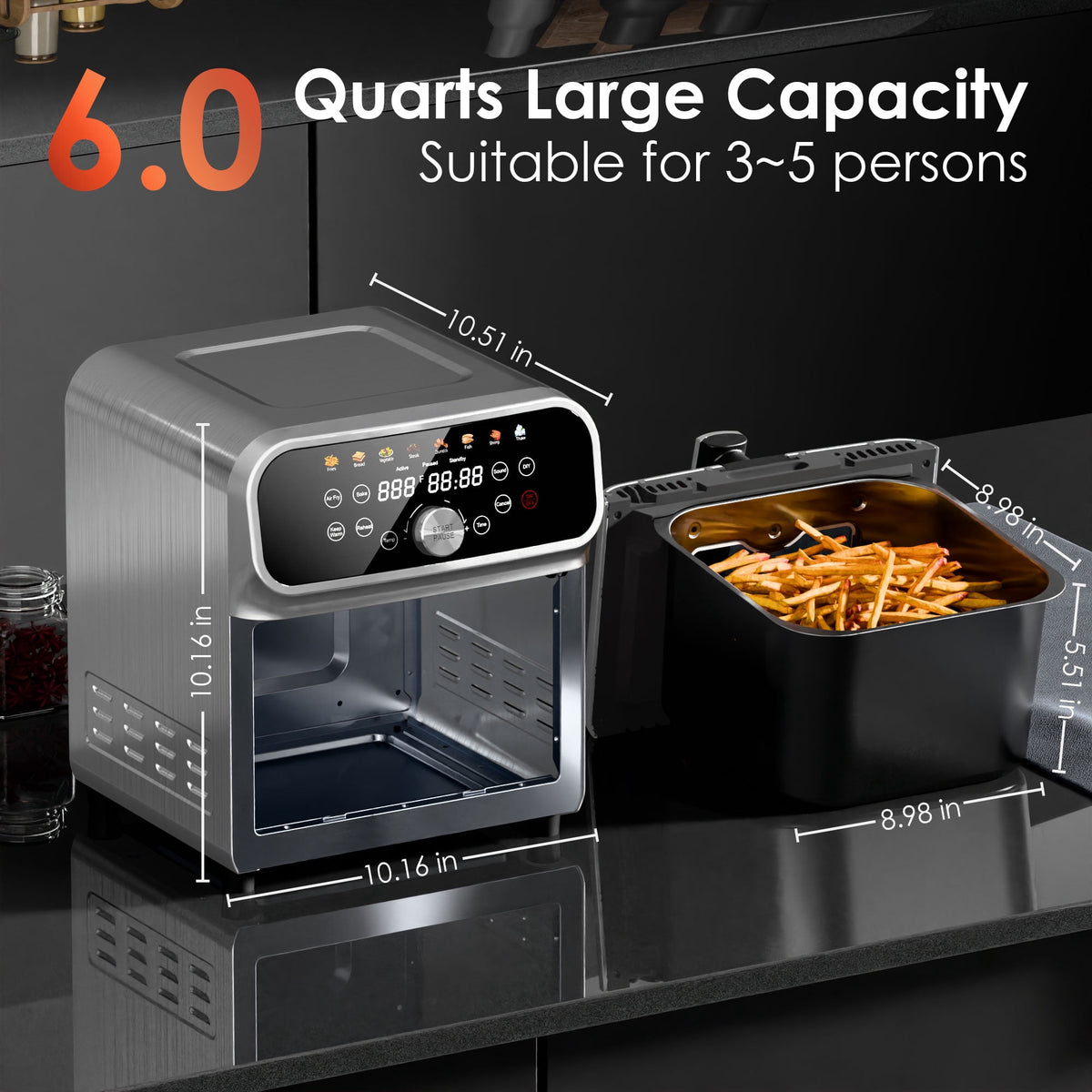 Garly Kitchen 6-Qt Air Fryer with Visual Window, 8 Preset Menus & 360° Rapid Air Circulation