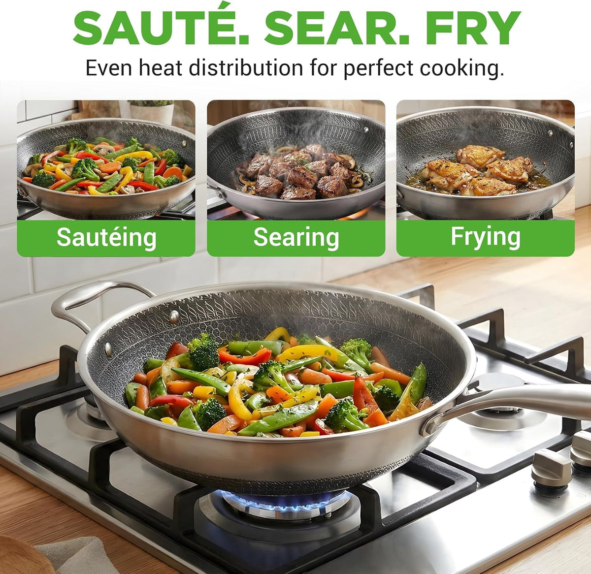 Garly Kitchen 12" Stainless Steel Nonstick Cooking Wok Stir Fry Pan w/ Lid