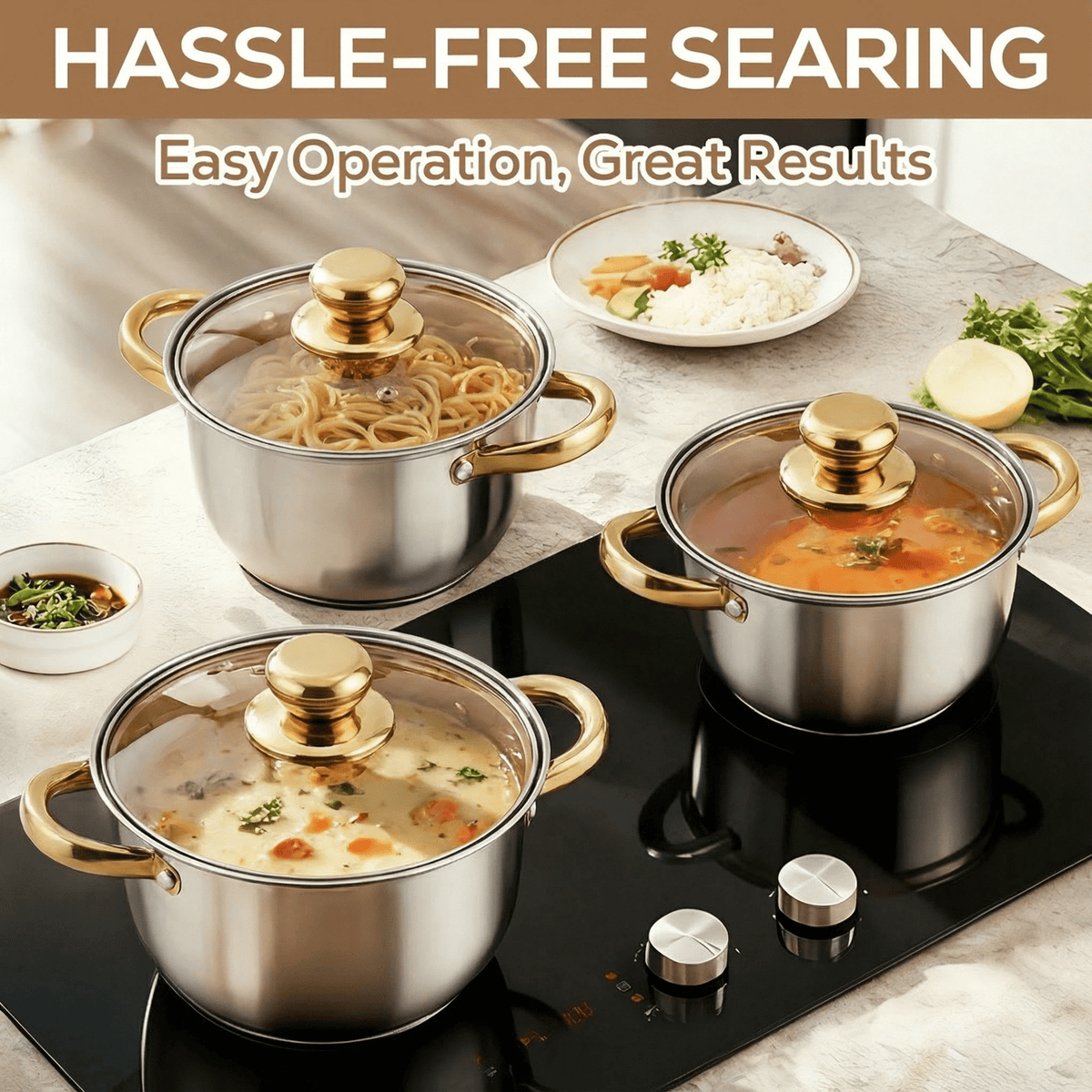Garly Kitchen Stainless Steel 8 Pieces Cookware Set with Lids, 4 Pots + Glass Lids