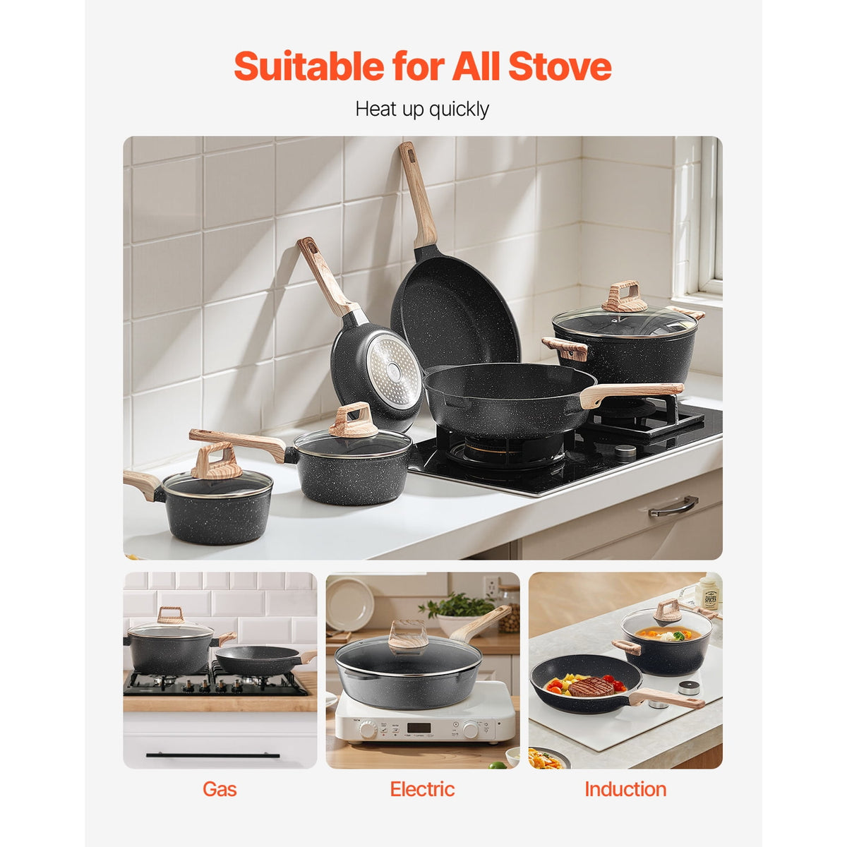 Garly Kitchen 17 Piece Non-stick Cookware Set, Induction + Glass Lids
