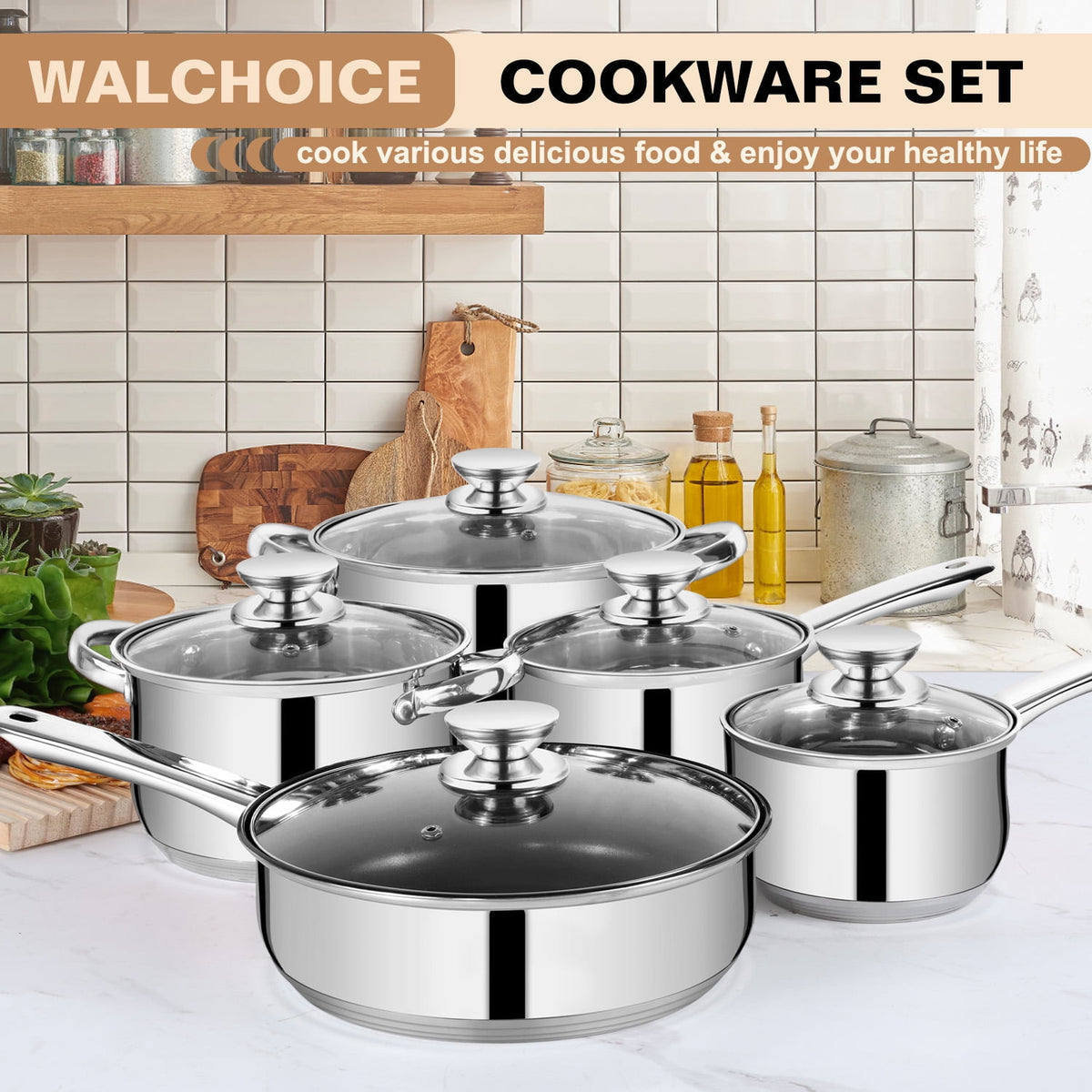 Garly Kitchen 13-Piece Stainless Steel Cookware Set, Kitchen Pots and Pans Set with Glass Lid