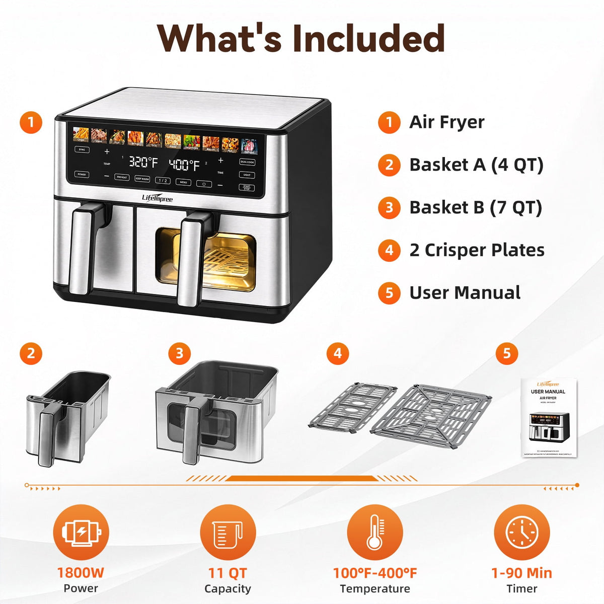 Garly Kitchen 11-Qt Dual Basket Air Fryer with Viewing Window, 1800W Digital Air Fryer