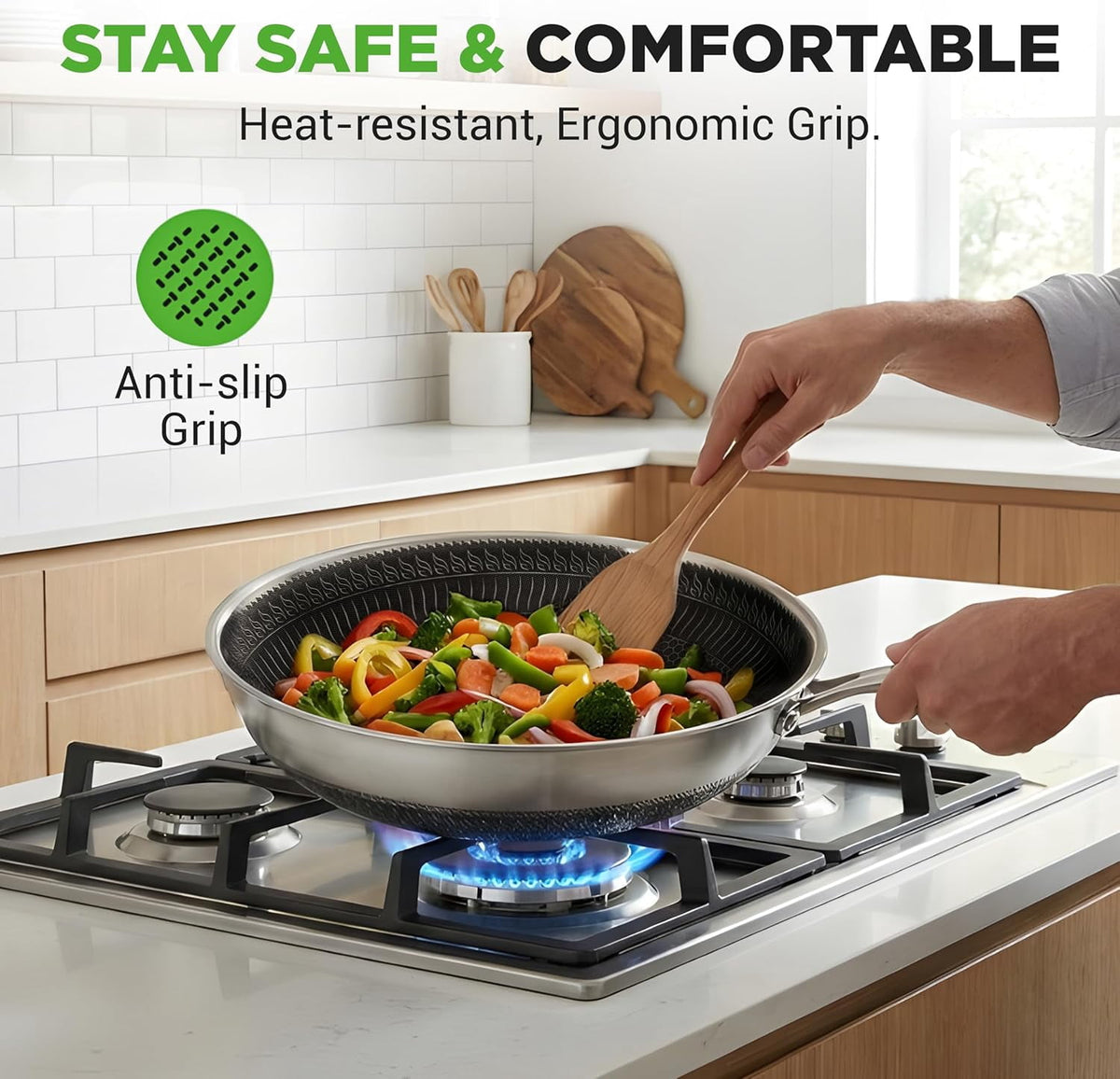 Garly Kitchen 12" Stainless Steel Nonstick Cooking Wok Stir Fry Pan w/ Lid