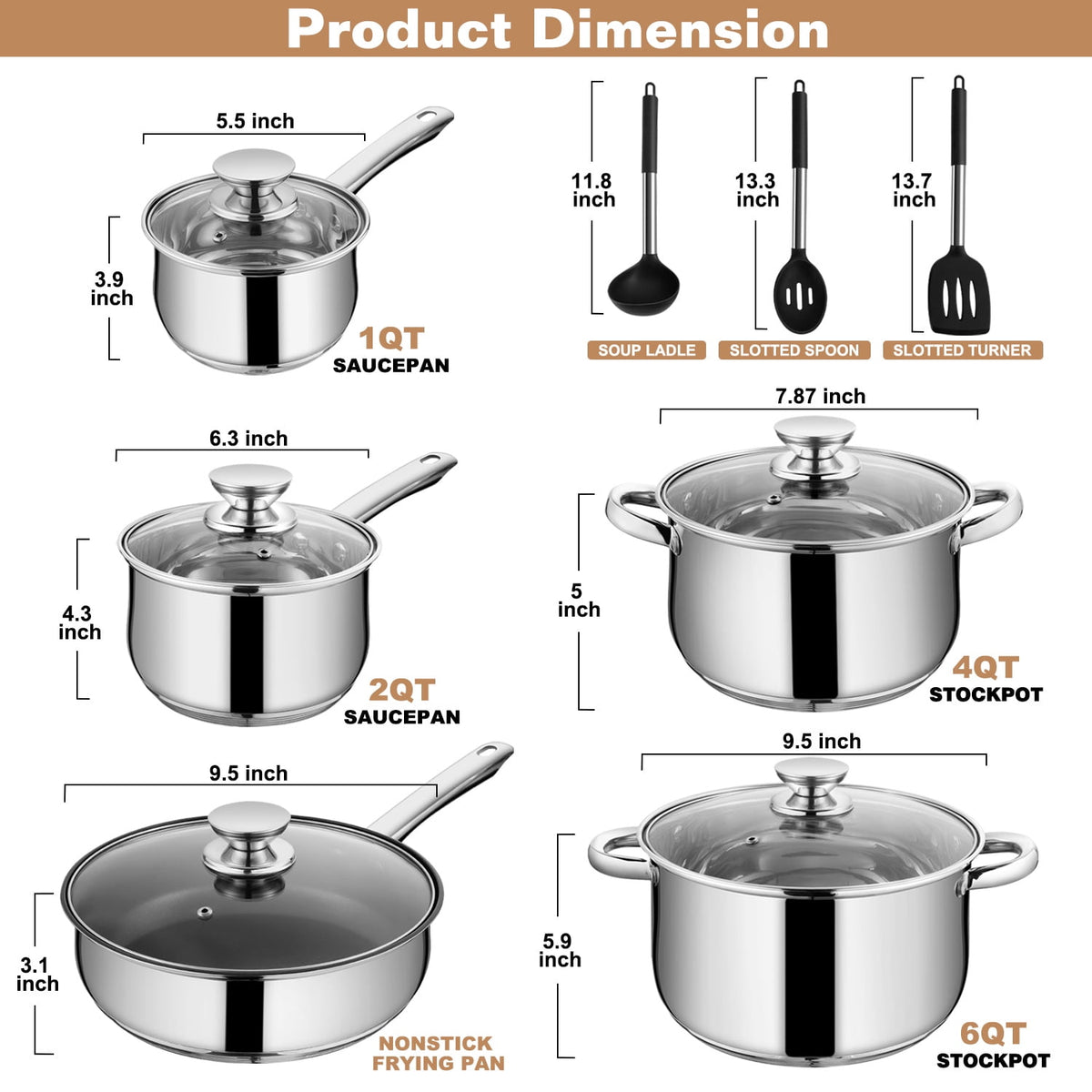 Garly Kitchen 13-Piece Stainless Steel Cookware Set, Kitchen Pots and Pans Set with Glass Lid