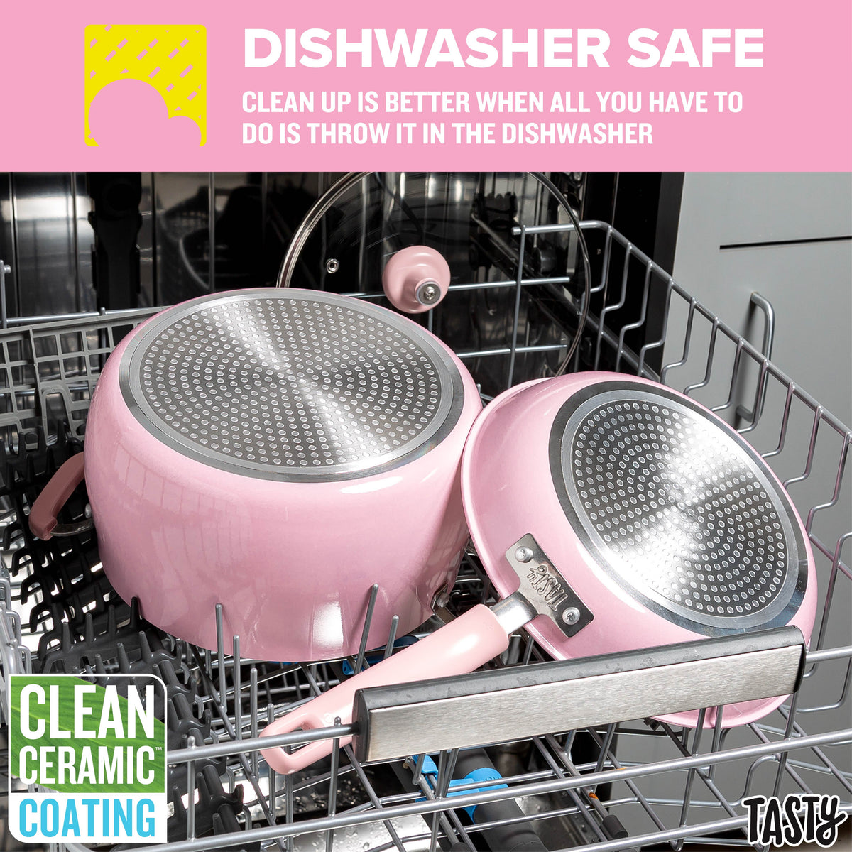 Garly Kitchen Tasty Clean Ceramic 16 Piece Non-Stick Aluminum Cookware Set, Pink