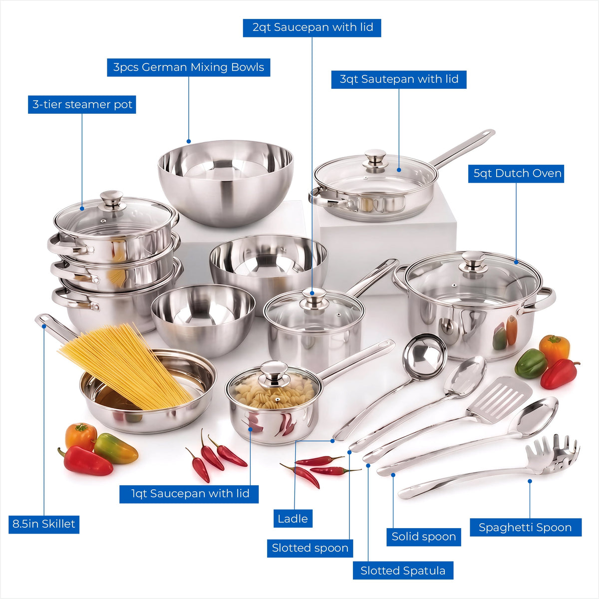 Garly Kitchen 20-Piece Stainless Steel Cookware Set with Glass Lids, Steamer