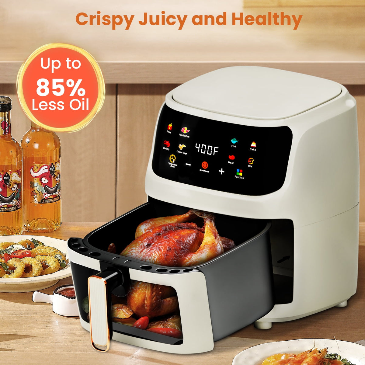 Garly Kitchen Air Fryer Large 7.5-Qt, 8-in-1 Digital Touchscreen, View Window, 1700W, Cream White