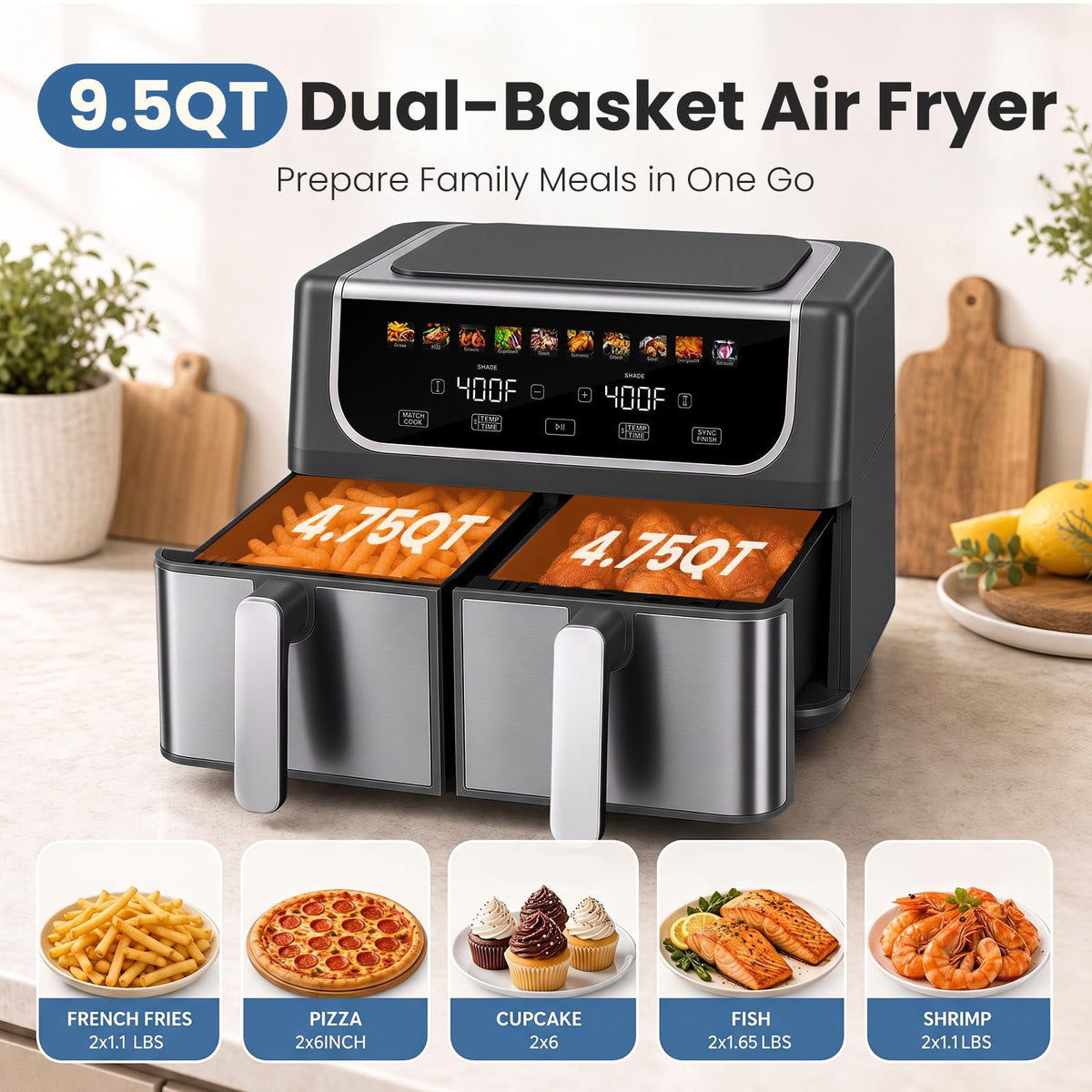 Garly Kitchen 9-Qt Dual Basket Air Fryer, LED Display, SYNC Match Cook, Dual Controls, 1700W