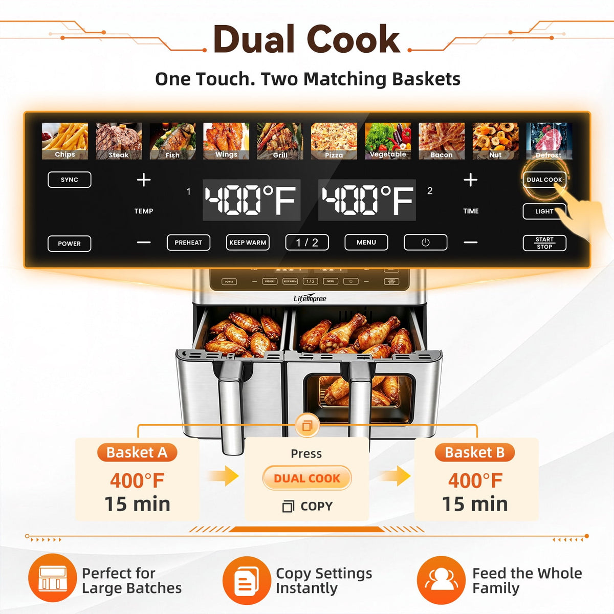 Garly Kitchen 11-Qt Dual Basket Air Fryer with Viewing Window, 1800W Digital Air Fryer