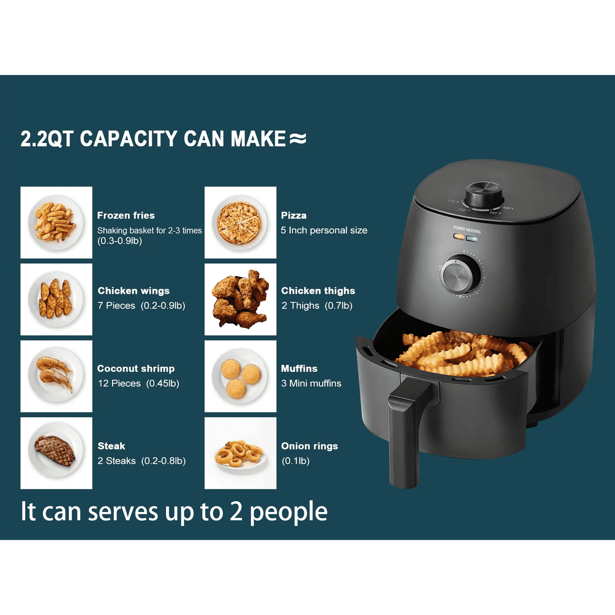 Garly Kitchen Air Fryer, 2.2-Qt, 1150W, Arctic Black with Non-Stick Basket
