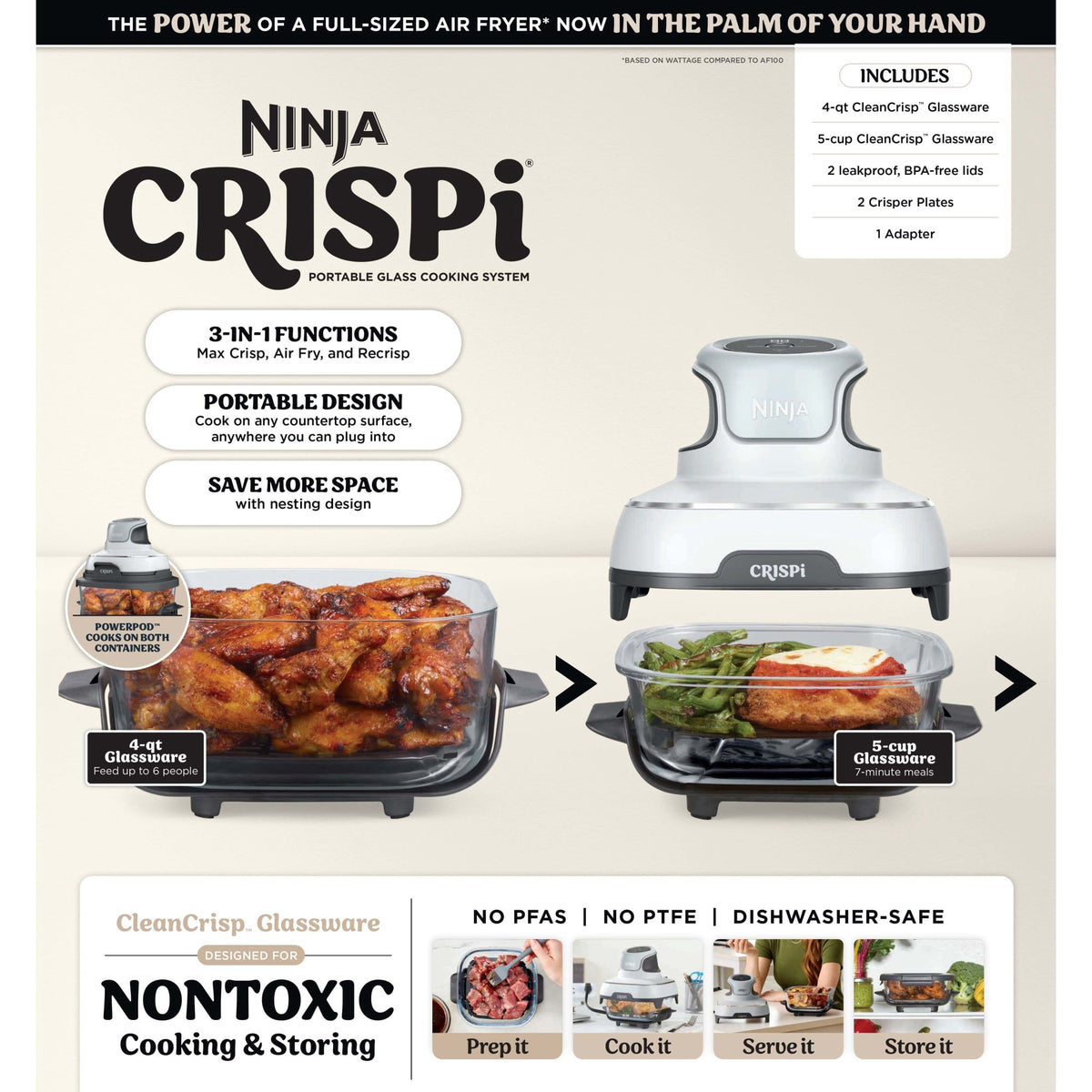 Garly Kitchen Crispi Glass Air Fryer 4-Qt, 3-in-1, Air Fry Recrisp, Portable, Dishwasher Safe