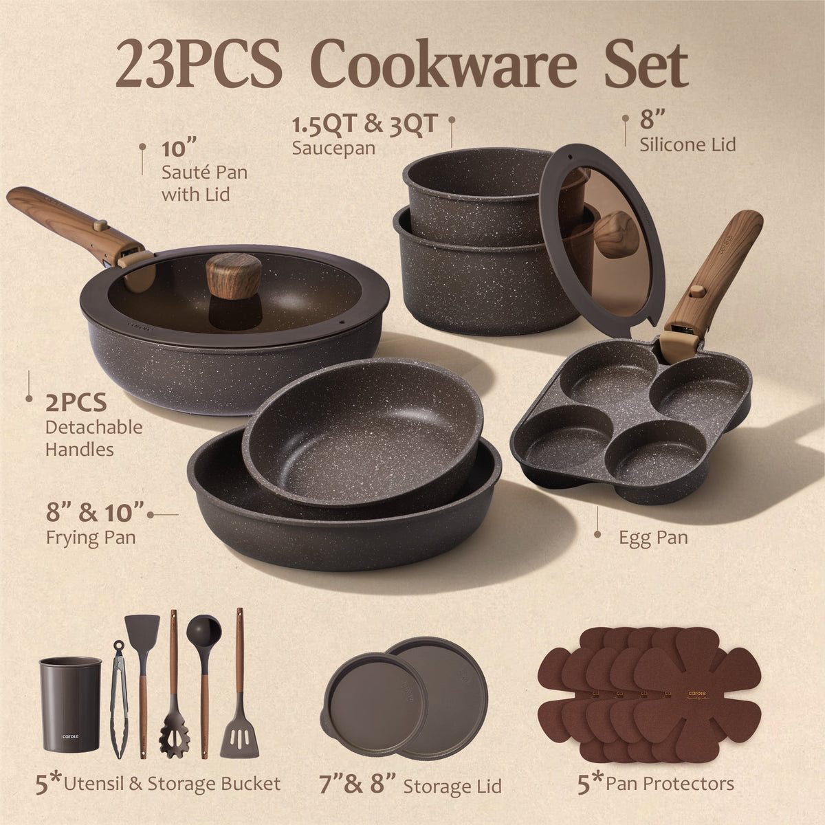 Garly Kitchen 23-Piece Nonstick Pots and Pans, Granite Cookware Set with Detachable Handle