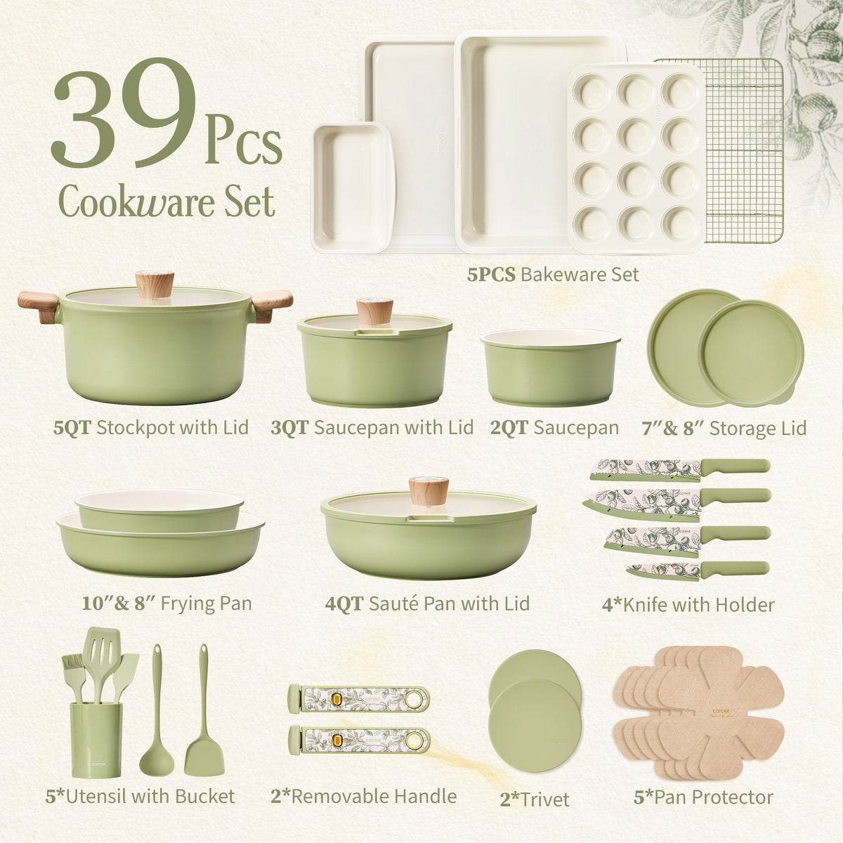 Garly Kitchen 39-Pieces Ceramic Cookware Set, Nonstick Pots and Pans with Floral Detachable Handles