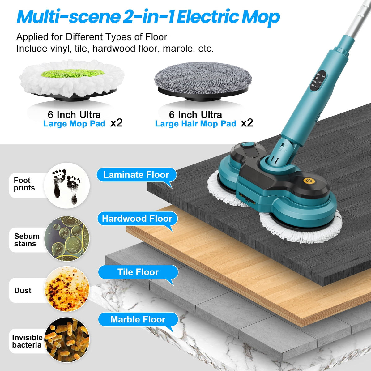 Garly Kitchen Cordless Electric Mop, Dual-Motor Power Spin Mop for Floor Cleaning with 5000 mAh