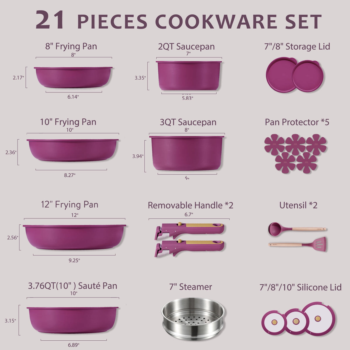 Garly Kitchen 21-Piece Nonstick Pots and Pans Set, Kitchen Cookware Set with Detachable Handle