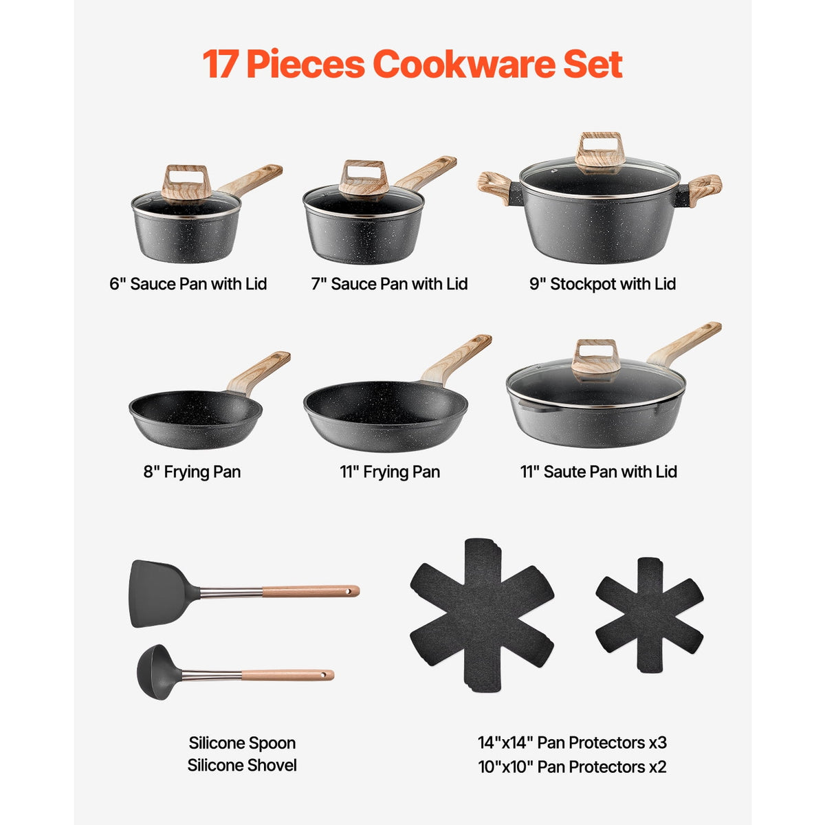 Garly Kitchen 17 Piece Non-stick Cookware Set, Induction + Glass Lids
