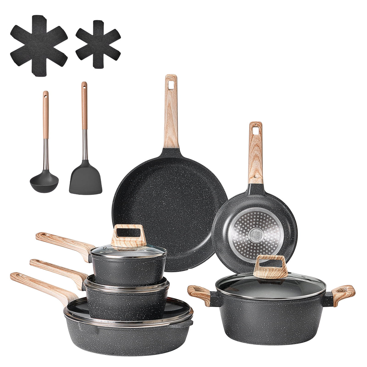 Garly Kitchen 17 Piece Non-stick Cookware Set, Induction + Glass Lids