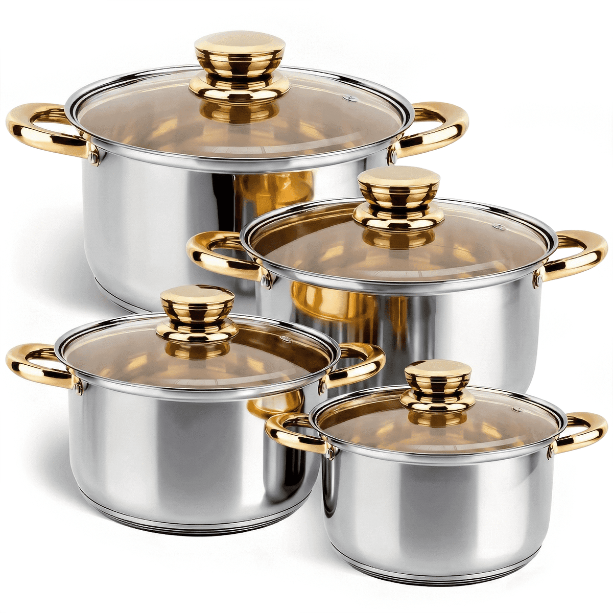 Garly Kitchen Stainless Steel 8 Pieces Cookware Set with Lids, 4 Pots + Glass Lids