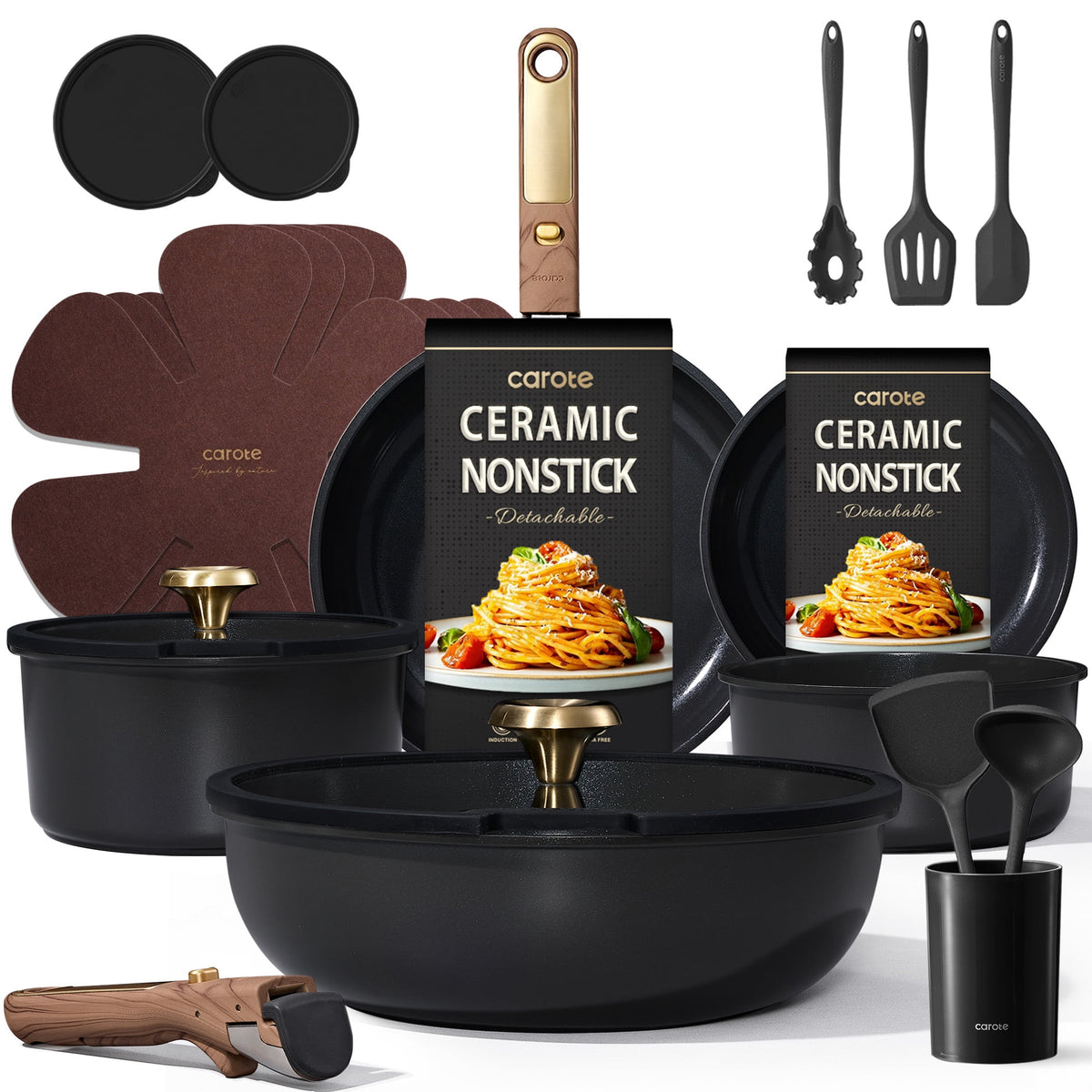 Garly Kitchen 21-Piece Nonstick Pots and Pans Set, Cookware Set with Detachable Handle and Lids