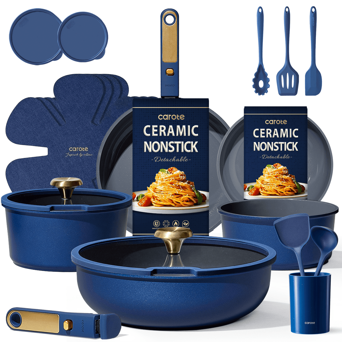 Garly Kitchen 21-Piece Nonstick Pots and Pans Set, Cookware Set with Detachable Handle and Lids