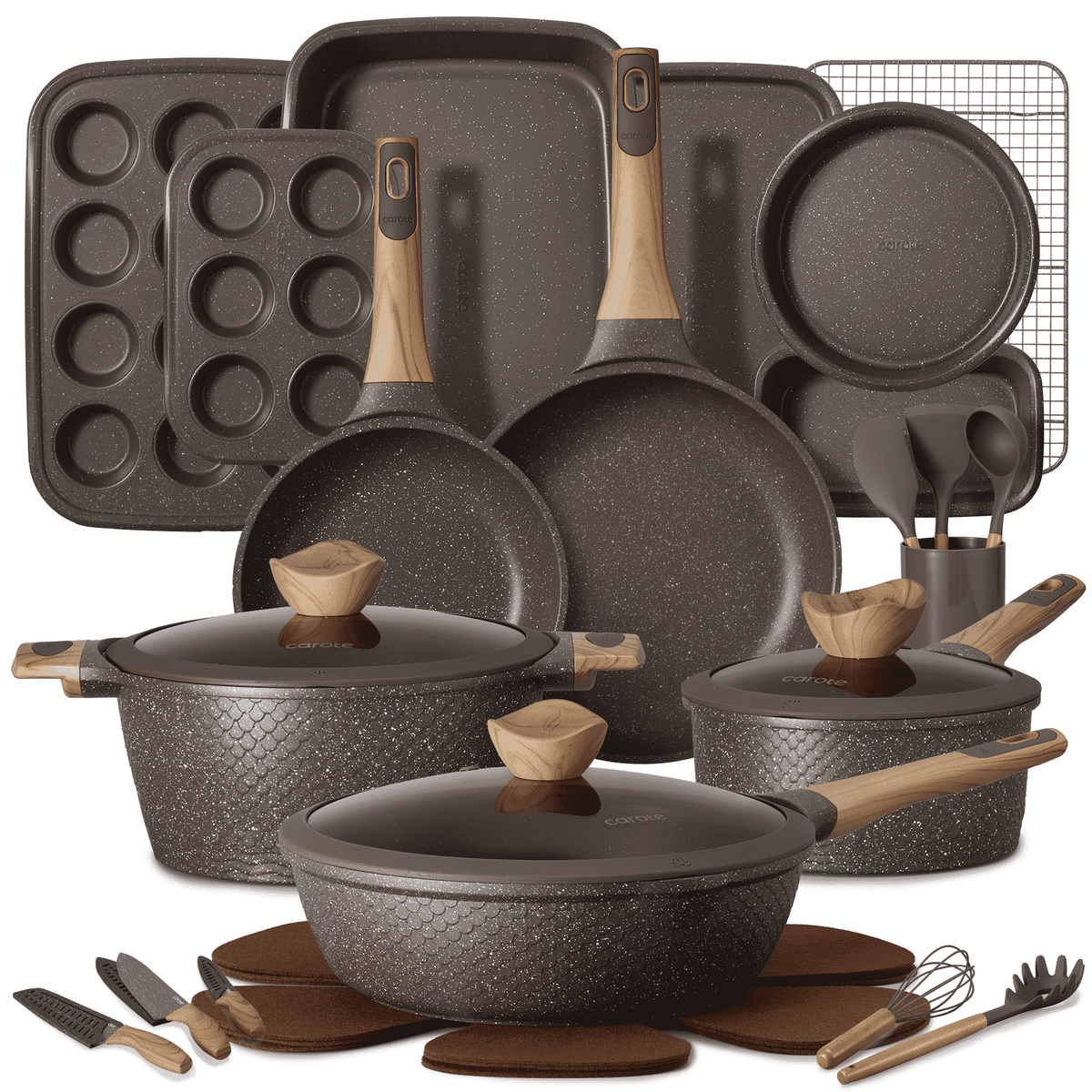 Garly Kitchen 18-Piece Nonstick Pots and Pans, Granite Cookware Set with Kitchen Utensils, Brown
