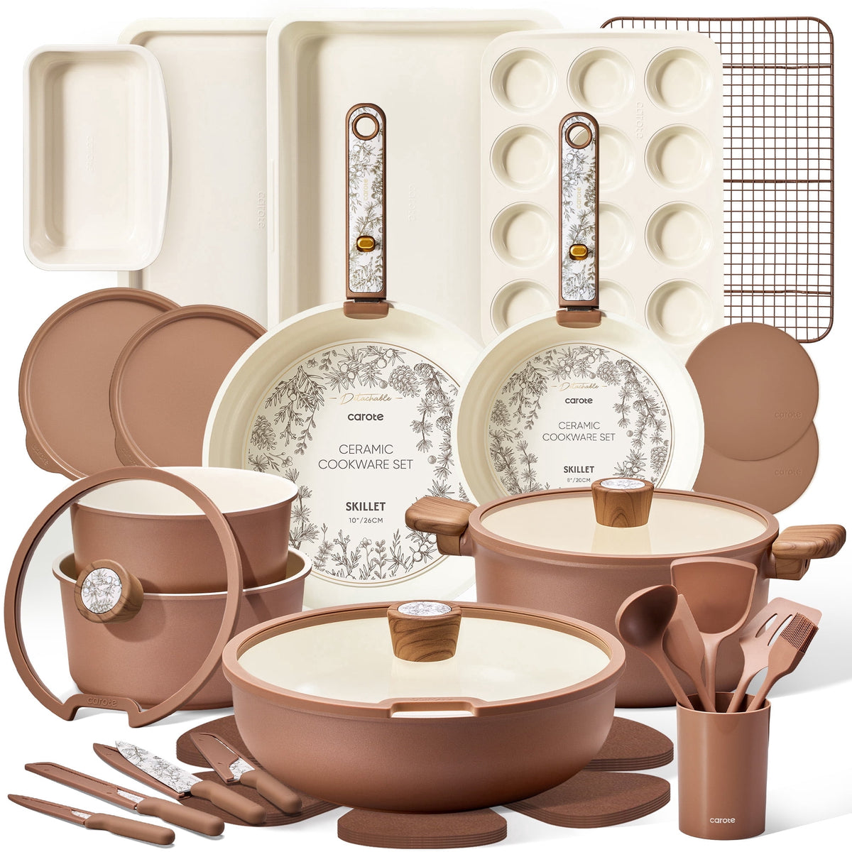 Garly Kitchen 39-Pieces Ceramic Cookware Set, Nonstick Pots and Pans with Floral Detachable Handles