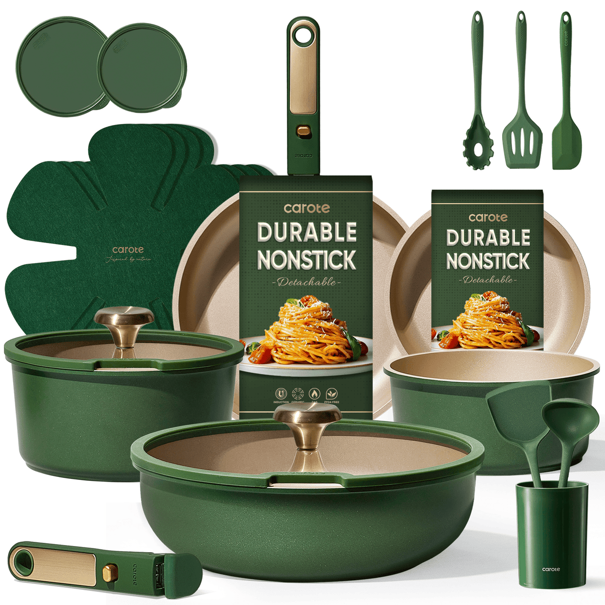 Garly Kitchen 21-Piece Nonstick Pots and Pans Set, Cookware Set with Detachable Handle and Lids