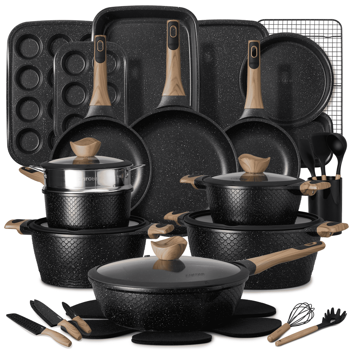 Garly Kitchen 18-Piece Nonstick Pots and Pans, Granite Cookware Set with Kitchen Utensils, Brown