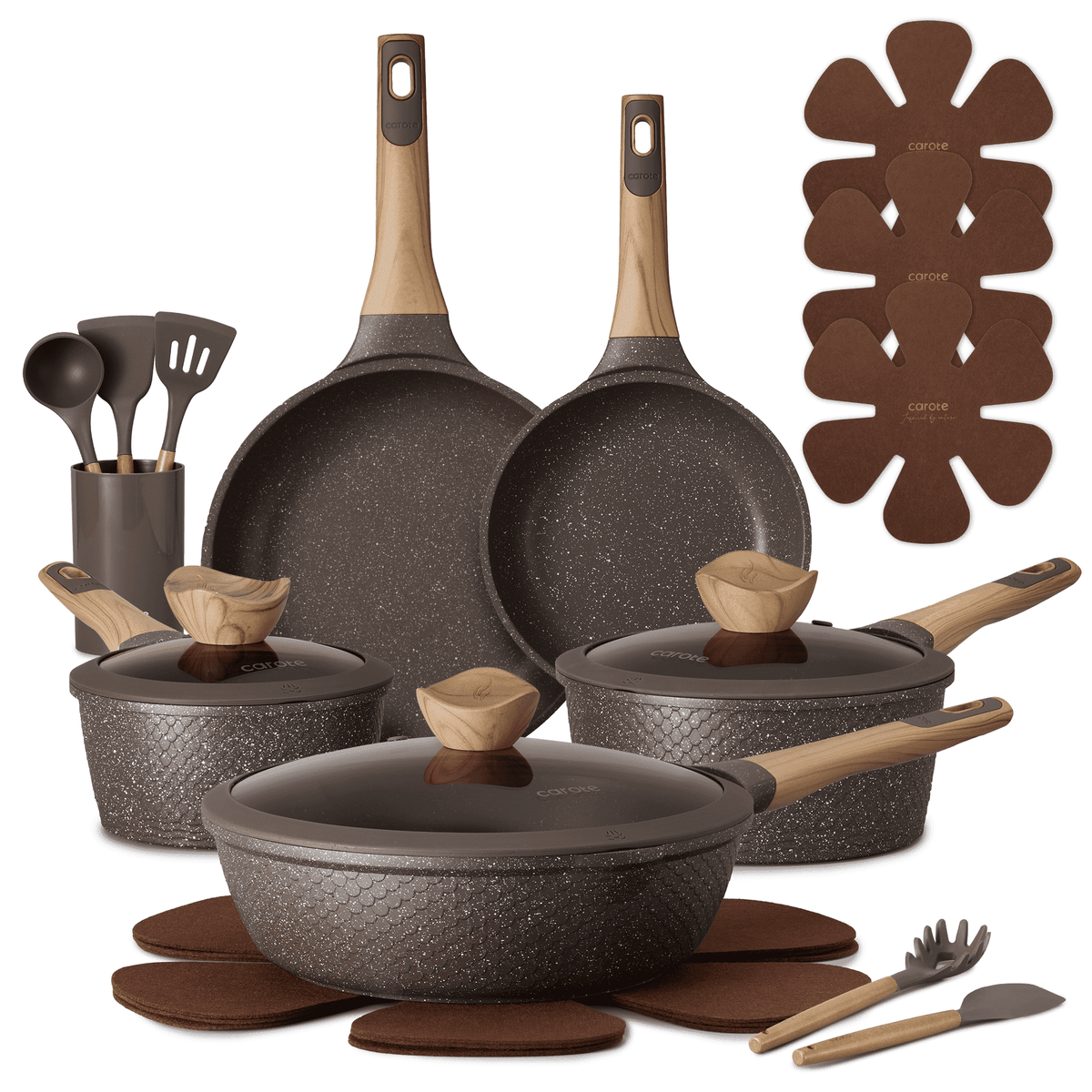 Garly Kitchen 18-Piece Nonstick Pots and Pans, Granite Cookware Set with Kitchen Utensils, Brown