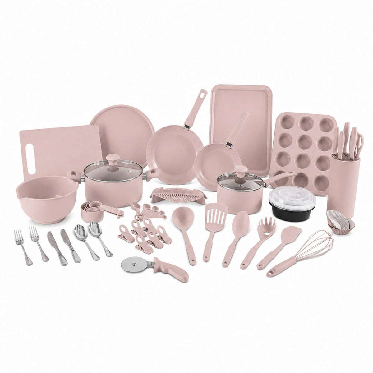 Garly Kitchen Elements by Thyme & Table 60-Piece Ceramic Non-Stick Cookware Set - Dusty Rose