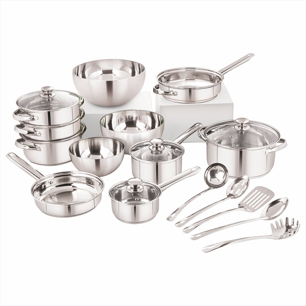 Garly Kitchen 20-Piece Stainless Steel Cookware Set with Glass Lids, Steamer