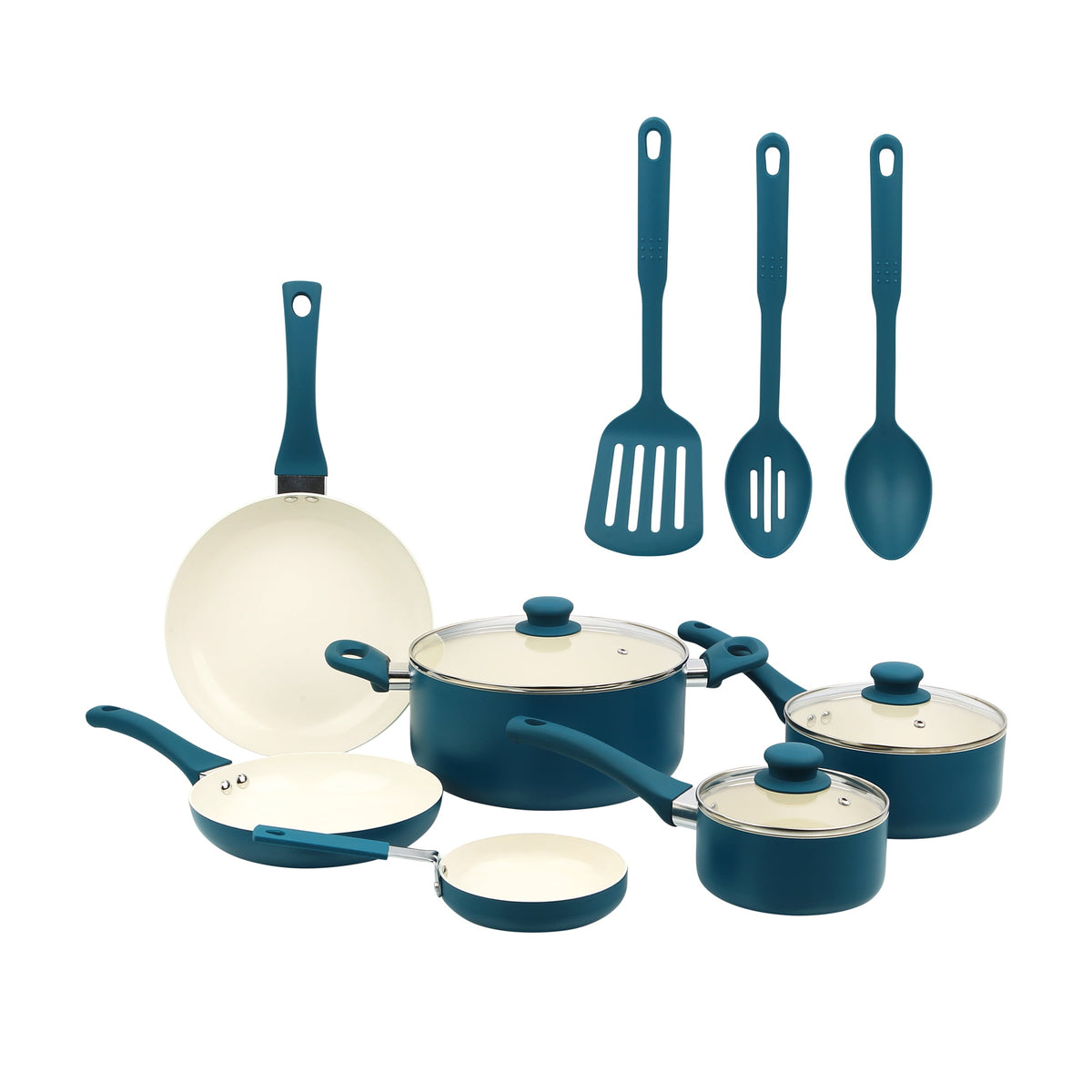 Garly Kitchen 12 Piece Ceramic Nonstick Aluminum Cookware Set, Corsair Blue