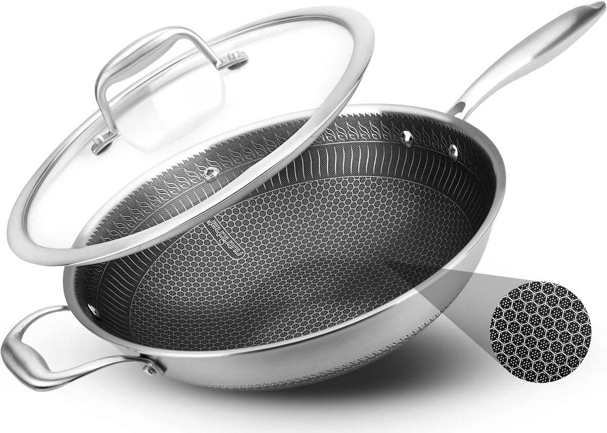 Garly Kitchen 12" Stainless Steel Nonstick Cooking Wok Stir Fry Pan w/ Lid