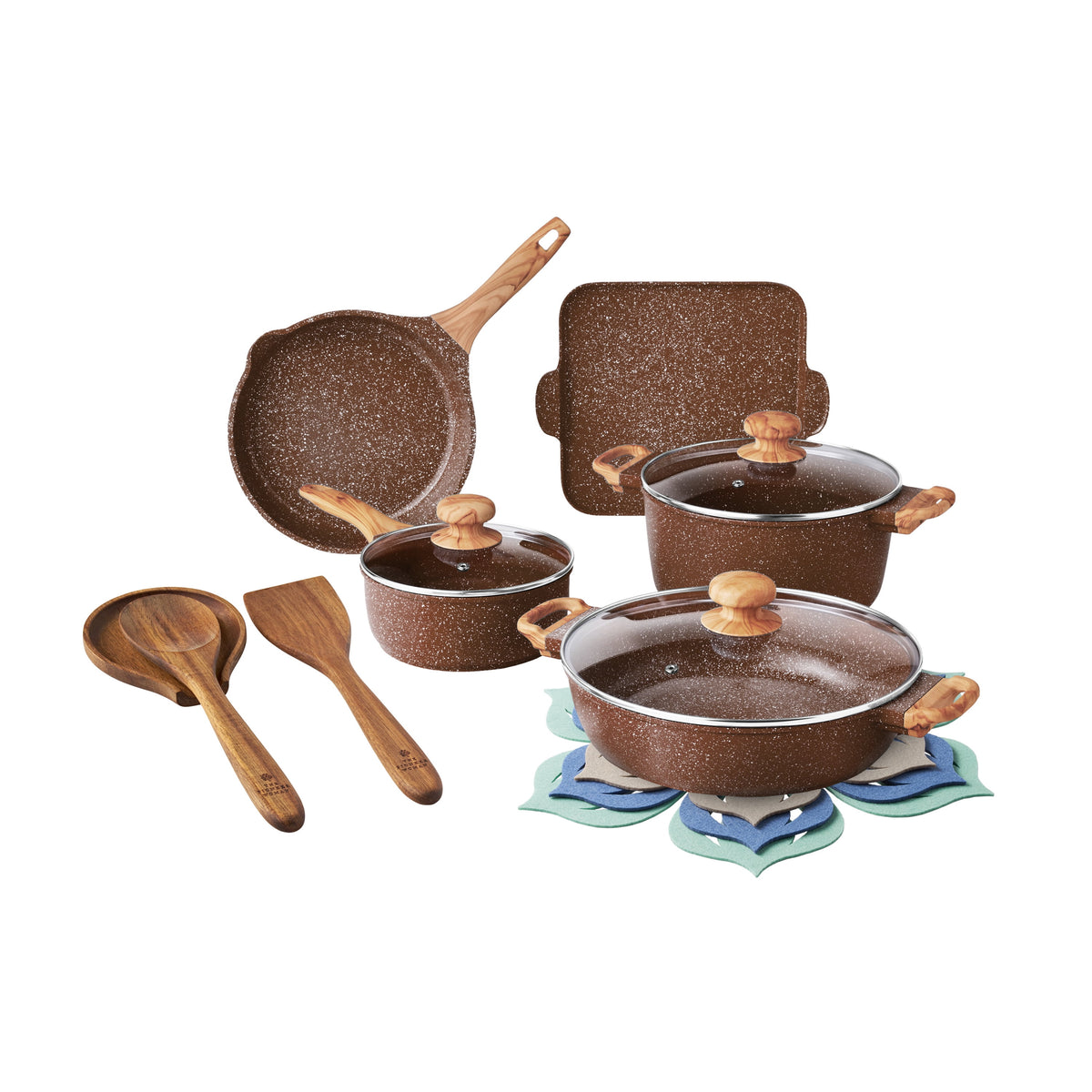 Garly Kitchen Prairie Signature 14-Piece Cast Aluminum Cookware Set, Charcoal Speckle