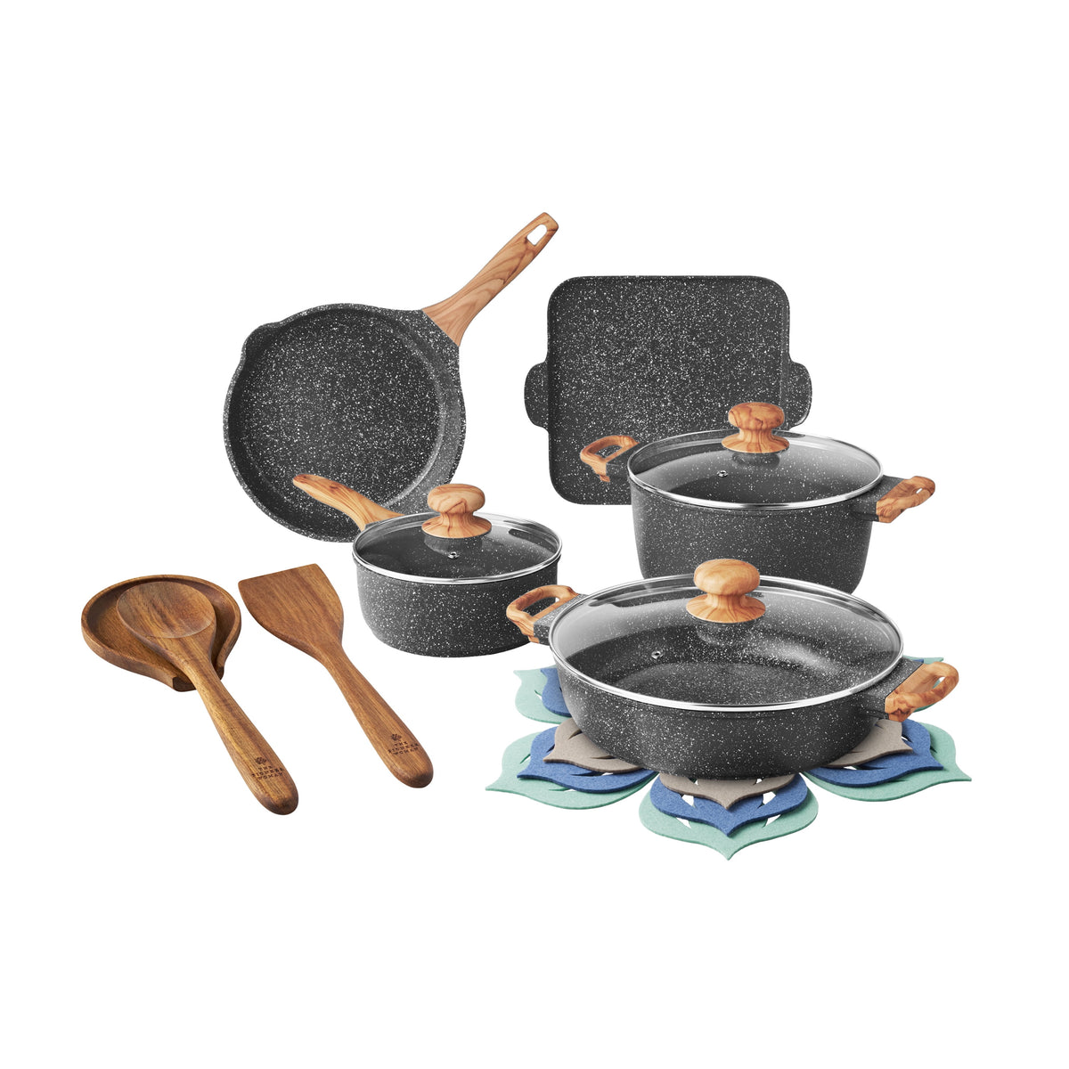 Garly Kitchen Prairie Signature 14-Piece Cast Aluminum Cookware Set, Charcoal Speckle