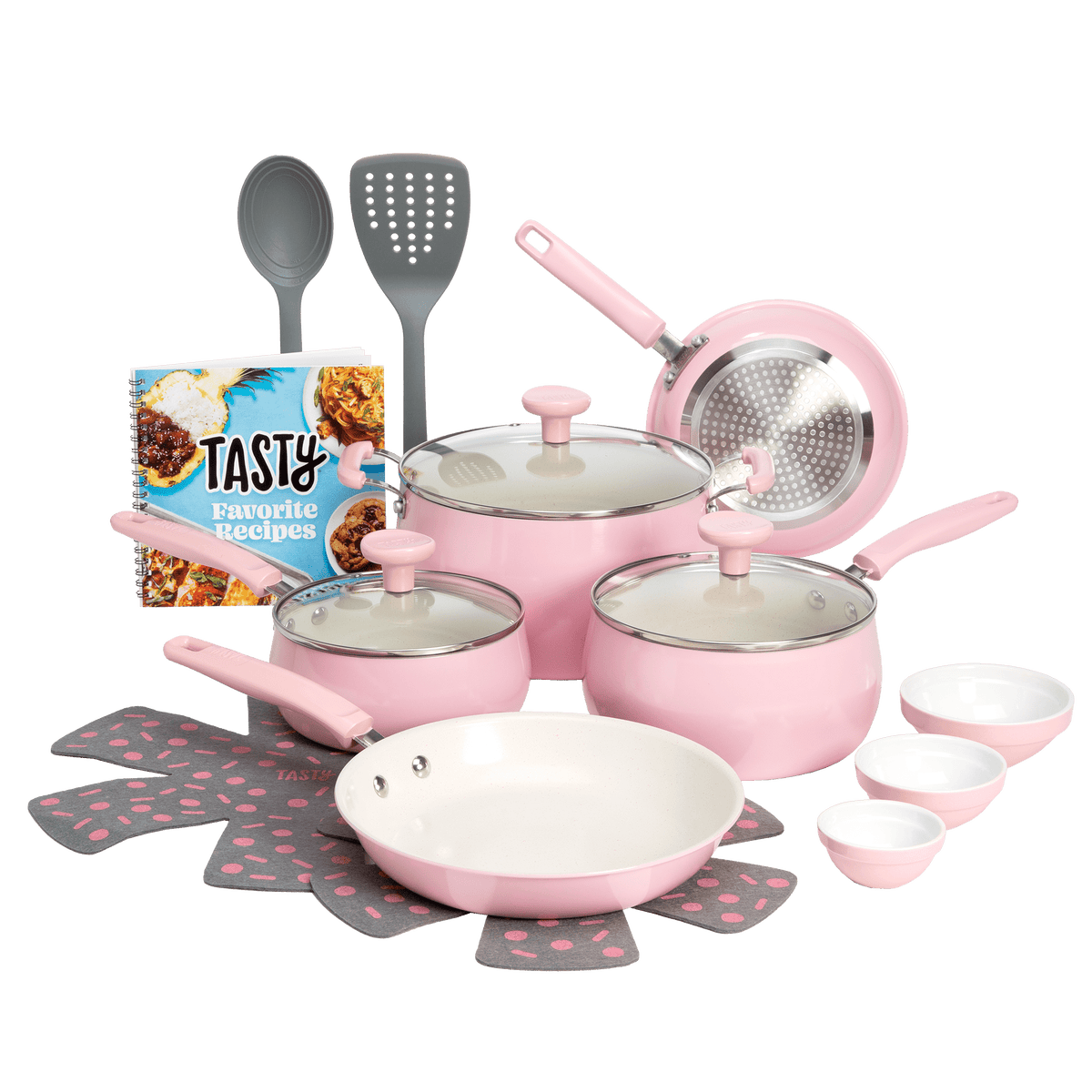 Garly Kitchen Tasty Clean Ceramic 16 Piece Non-Stick Aluminum Cookware Set, Pink