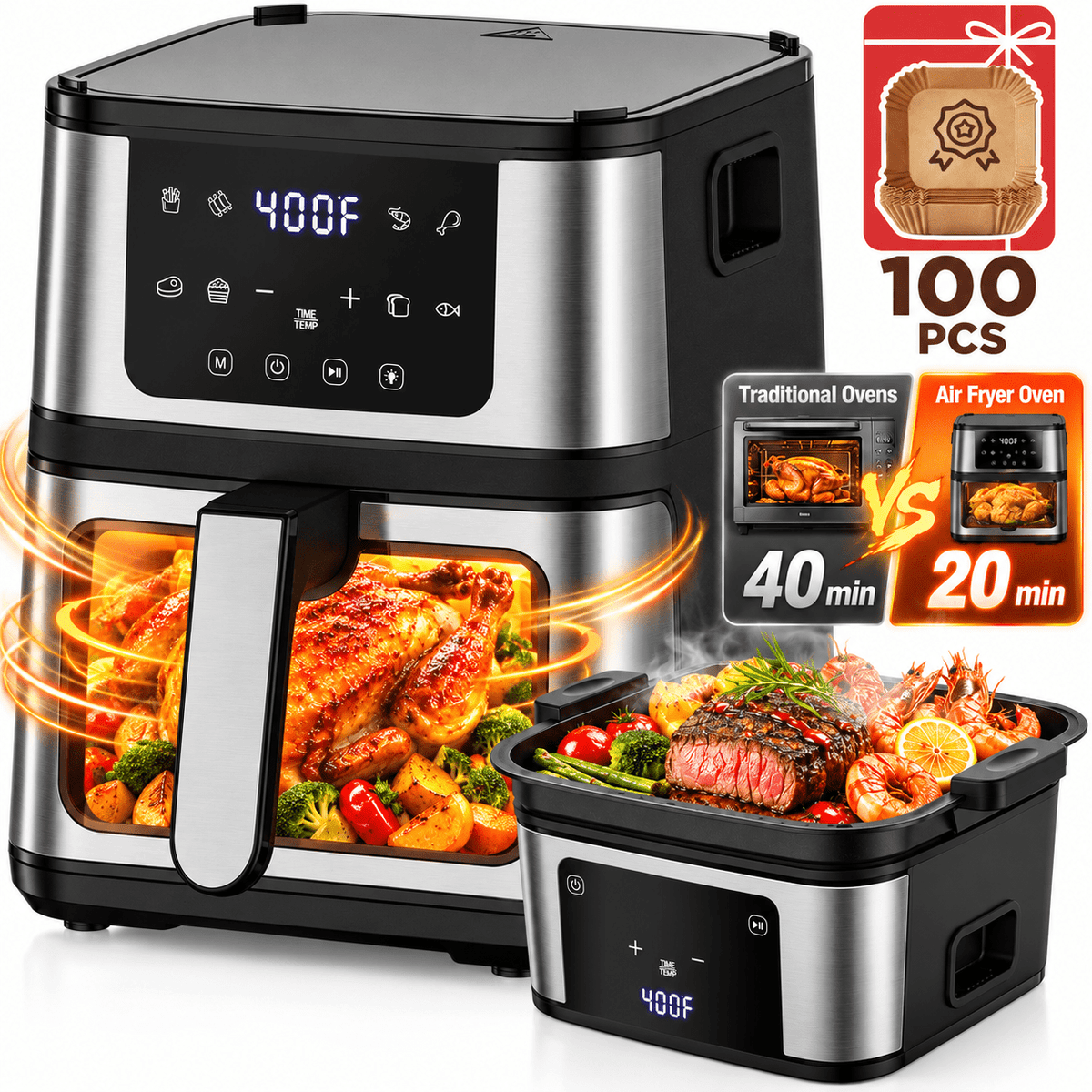 Garly Kitchen 2-in-1 Air Fryer 7.5-Qt Large Capacity Digital Hot Air Oven with Window & Light