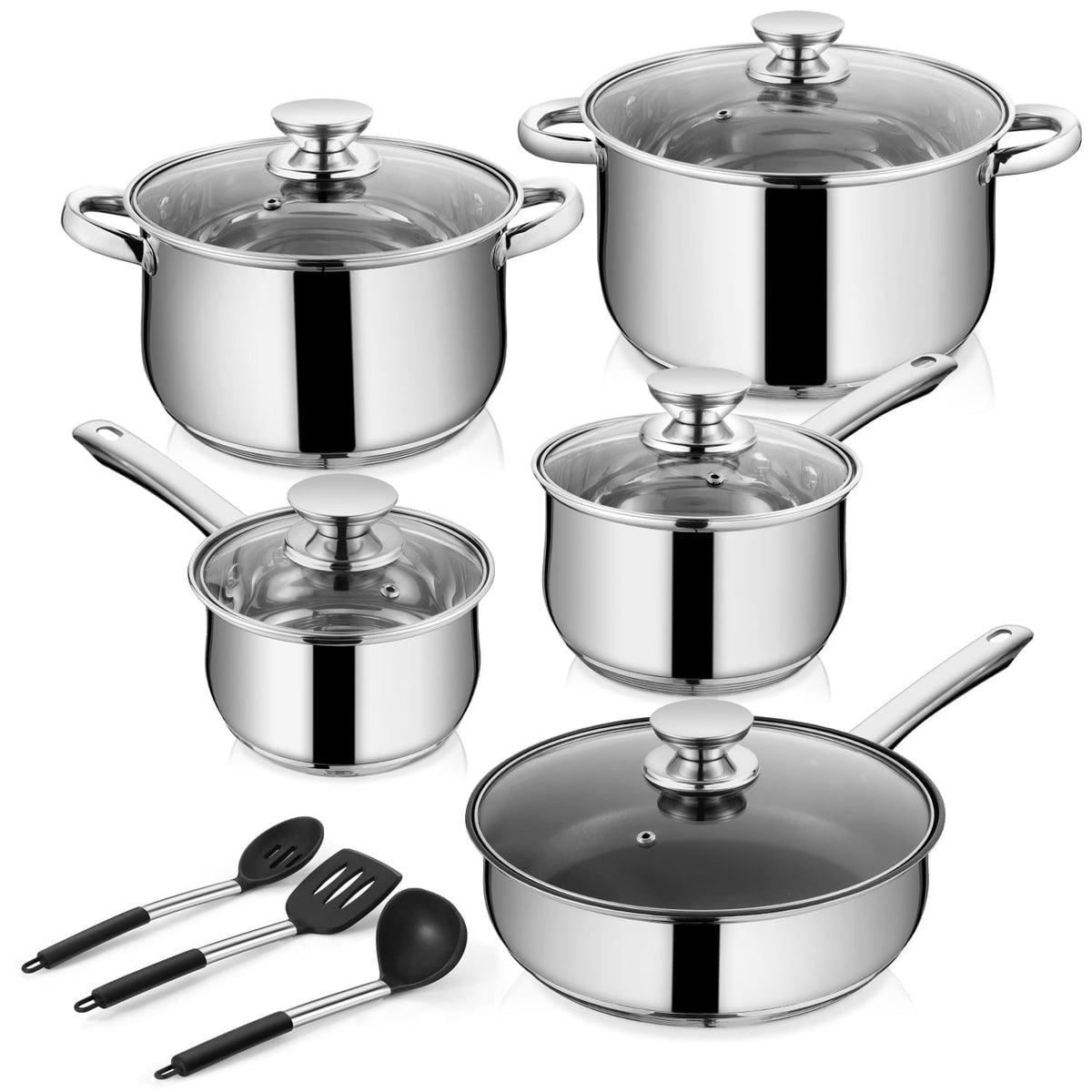 Garly Kitchen 13-Piece Stainless Steel Cookware Set, Kitchen Pots and Pans Set with Glass Lid