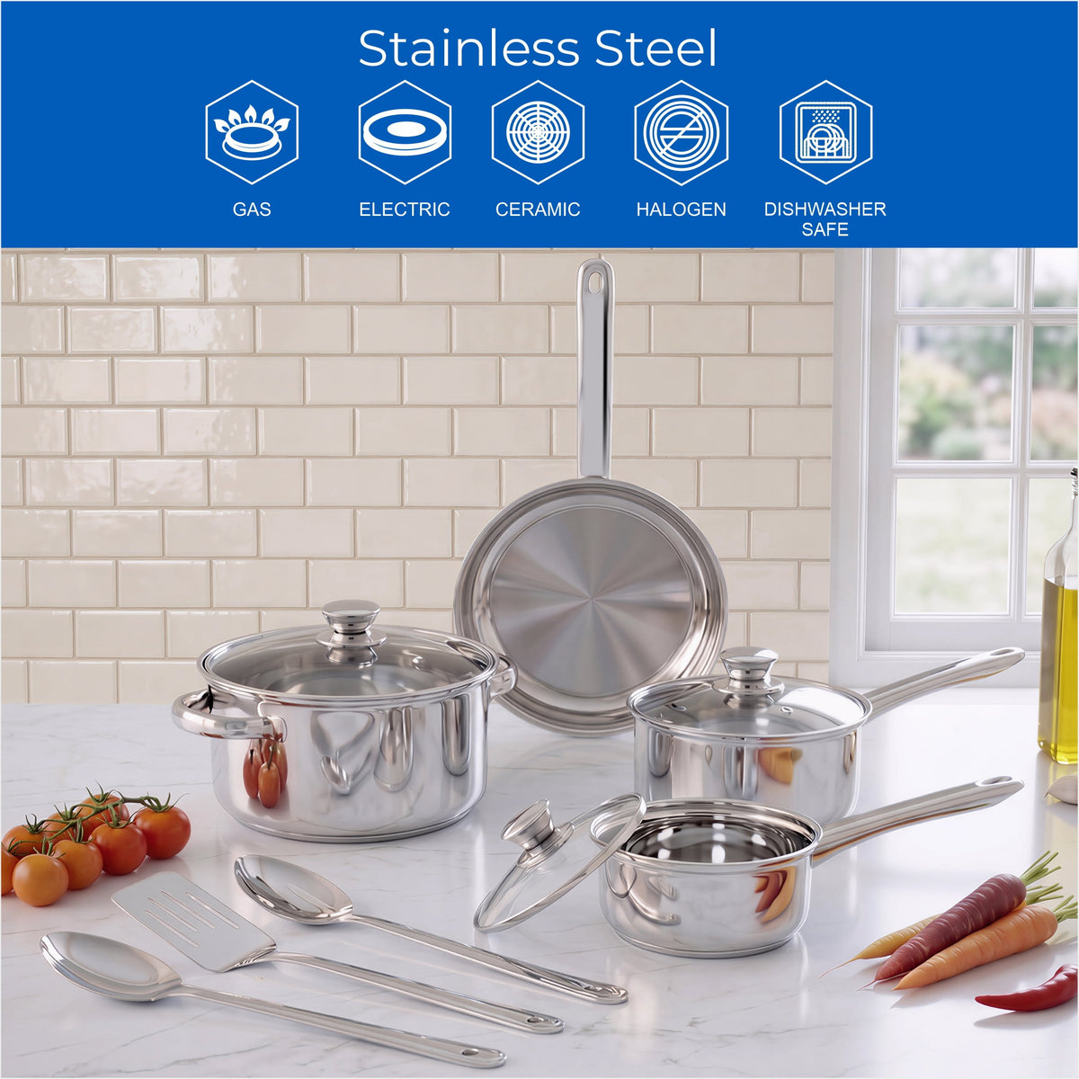 Garly Kitchen Stainless Steel 10-Piece Cookware Set with Lids and Utensils